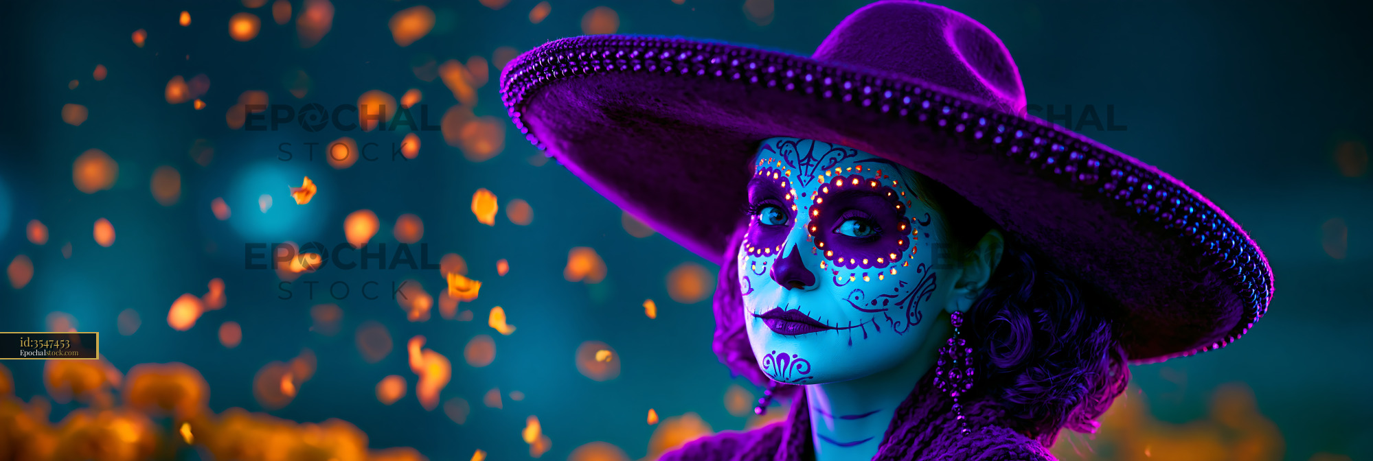 Watermarked full-resolution preview of Portrait of a woman with decorative skull makeup and sombrero