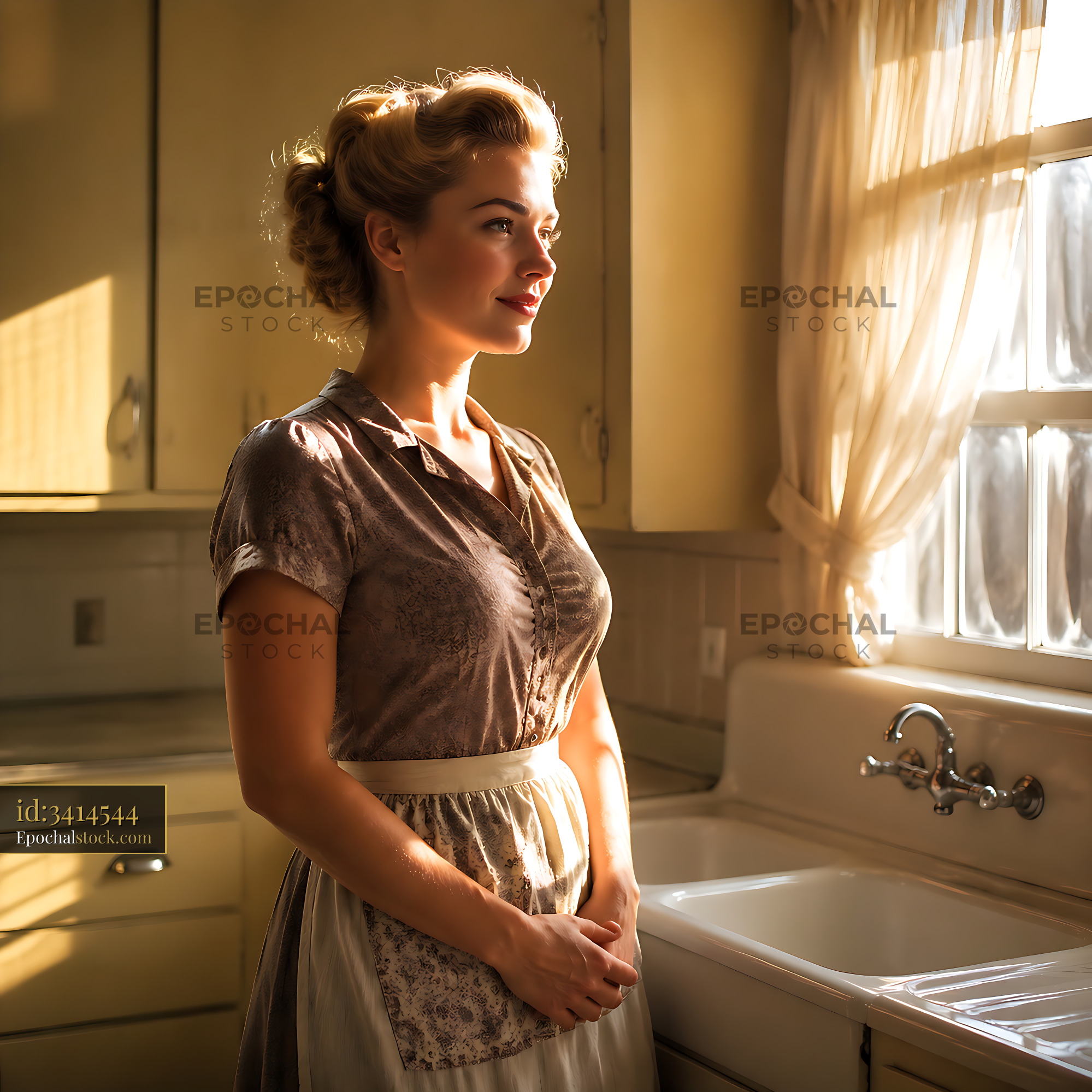 Woman Standing by Sink in Kitchen, Light Coming Through Window - stock photo
