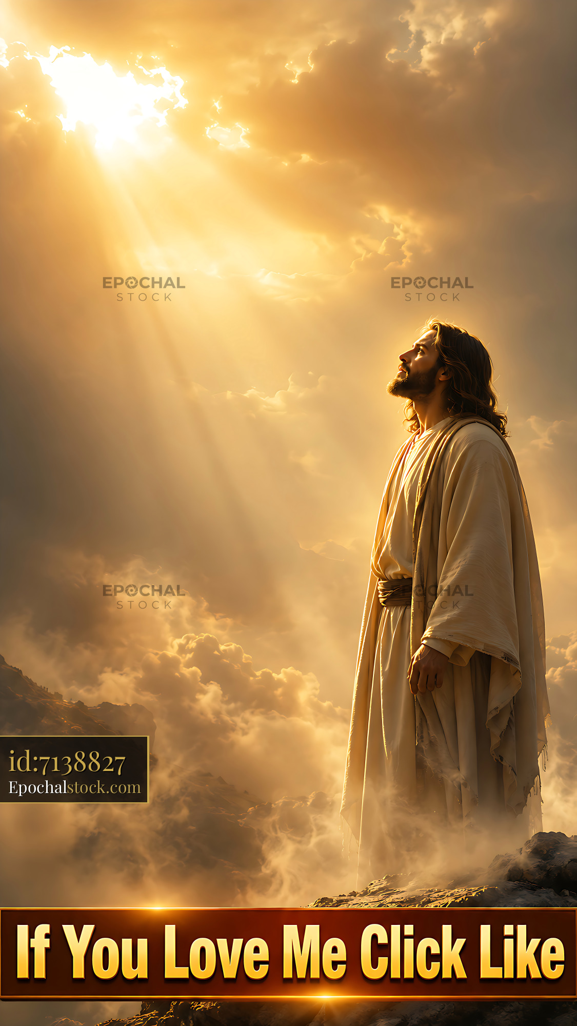 Watermarked full-resolution preview of Man in white robe looking up at sunlight through clouds