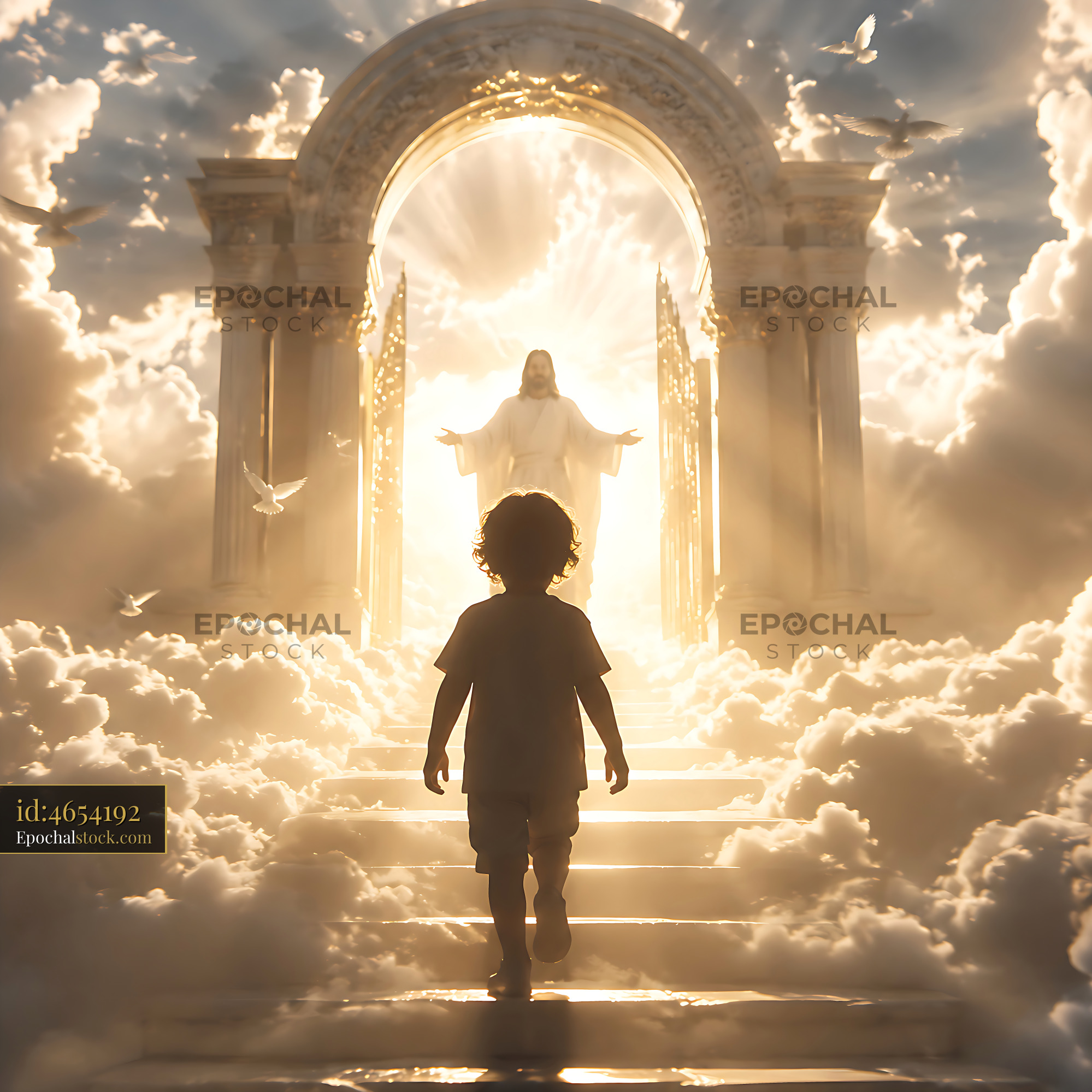 Watermarked full-resolution preview of Child walking towards light in a heavenly scene