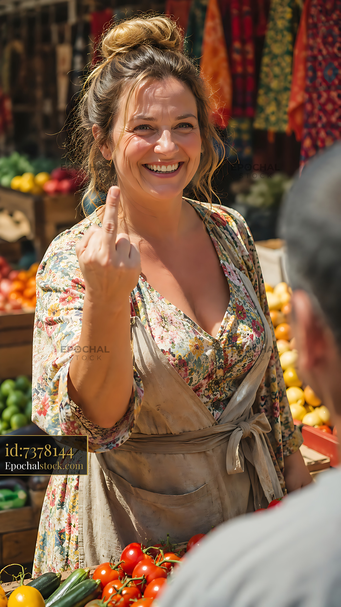 Watermarked full-resolution preview of Woman showing gesture at market stall