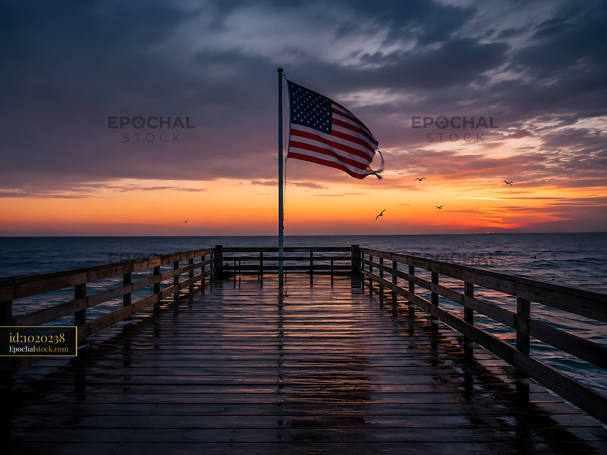 Watermarked full-resolution preview of Sunset over ocean pier with American flag in the foreground
