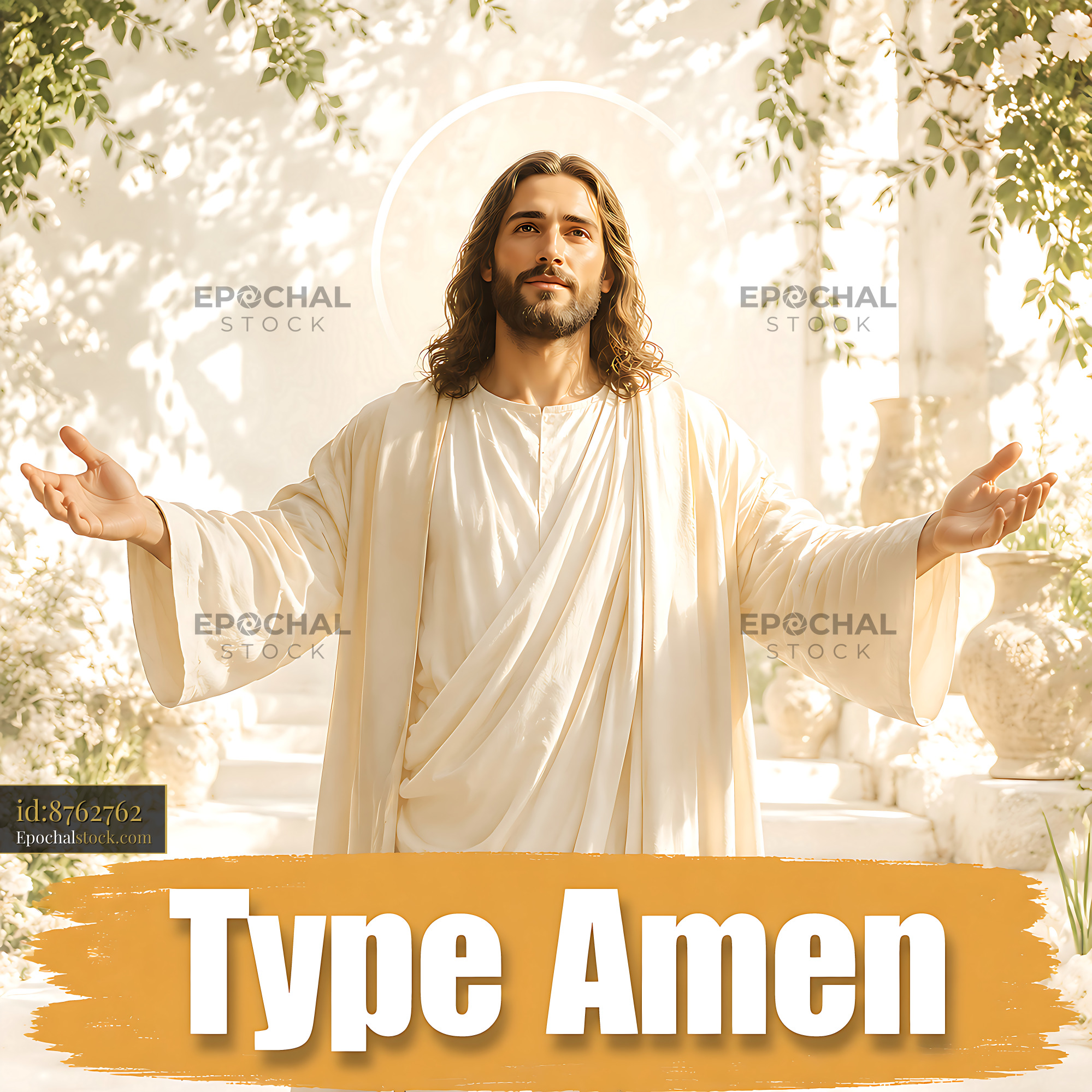 Watermarked full-resolution preview of Jesus standing with open arms in a garden setting