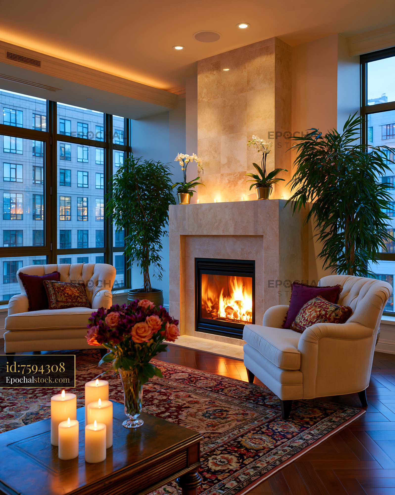 Watermarked full-resolution preview of Cozy living room with a fireplace and modern decor