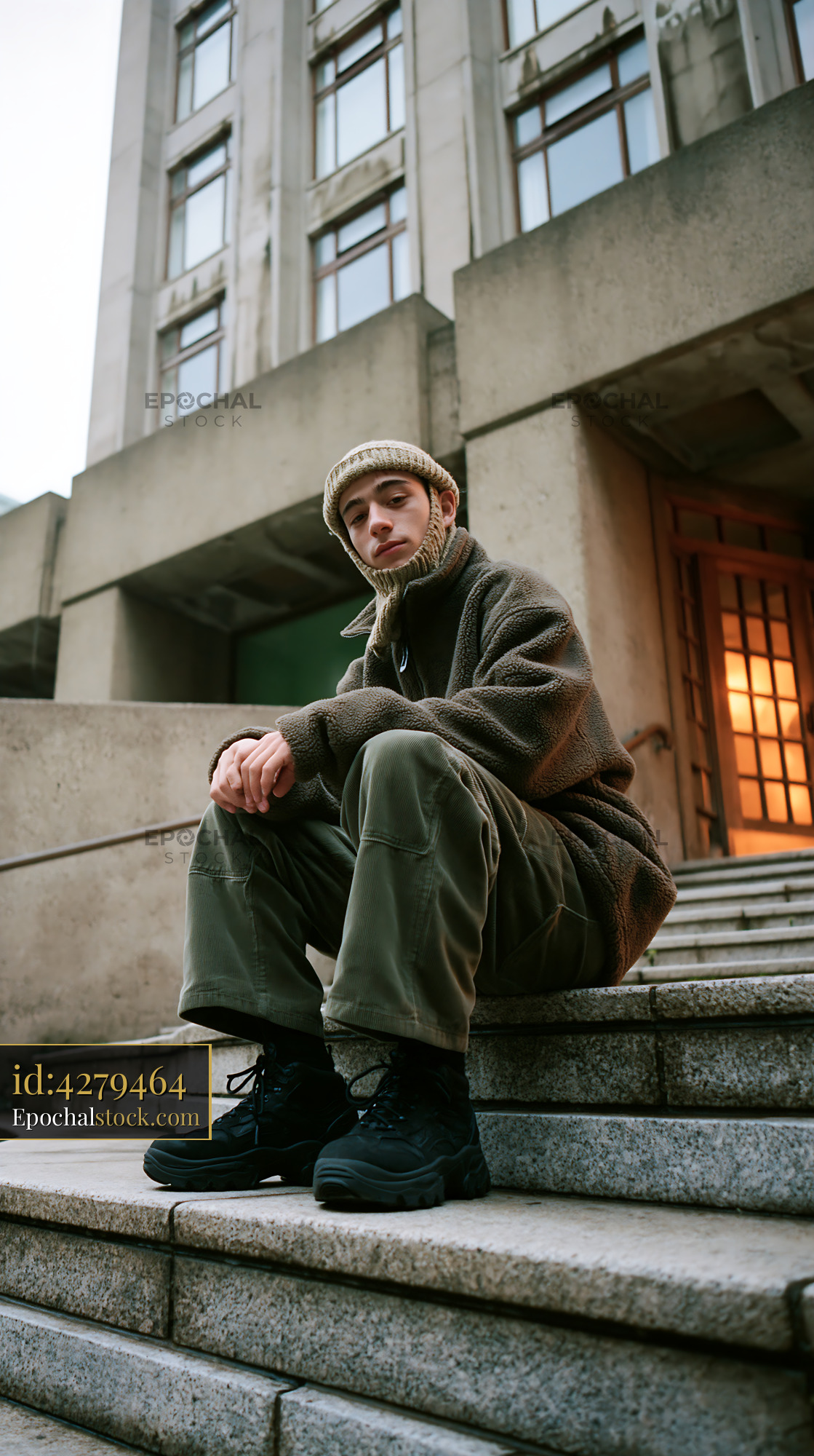 Watermarked full-resolution preview of Young person sitting on steps of a building at dusk