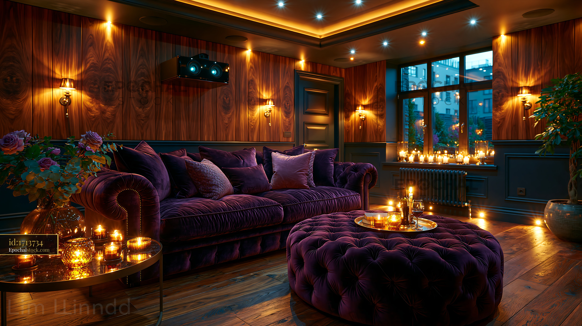 Watermarked full-resolution preview of Elegant candlelit living room with velvet furnishings