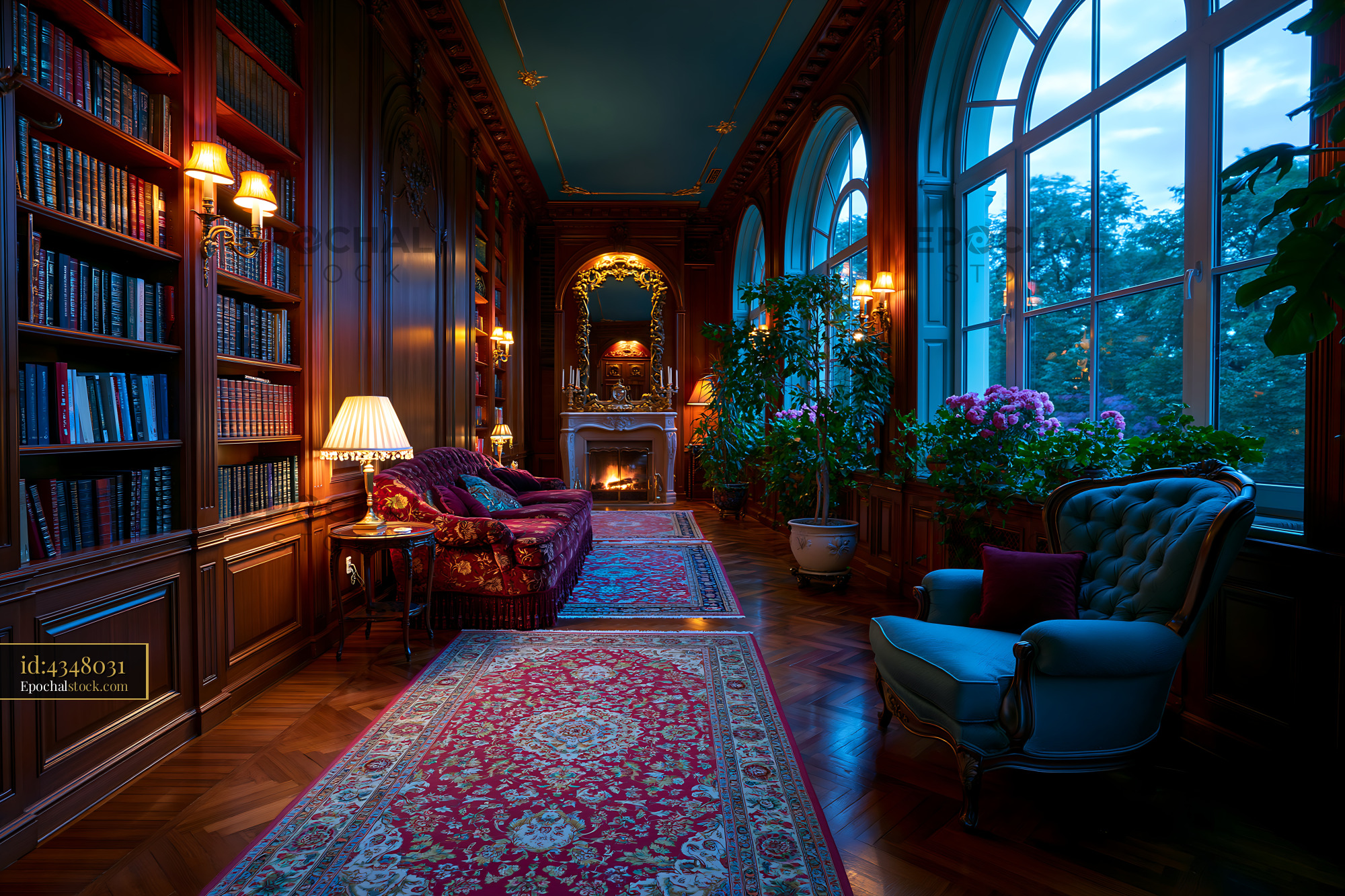 Cozy Luxury Den With Walnut Paneling and Warm Lighting in Evening — stock example for GPT Image 1 cost control