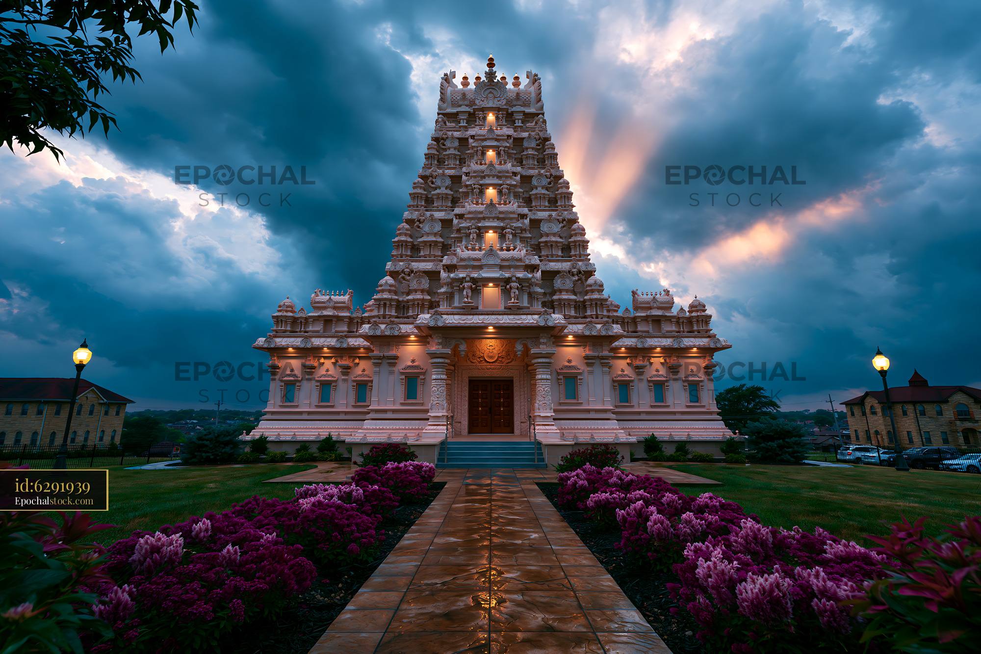 Watermarked full-resolution preview of Temple stands under a cloudy sky with sun rays in the background