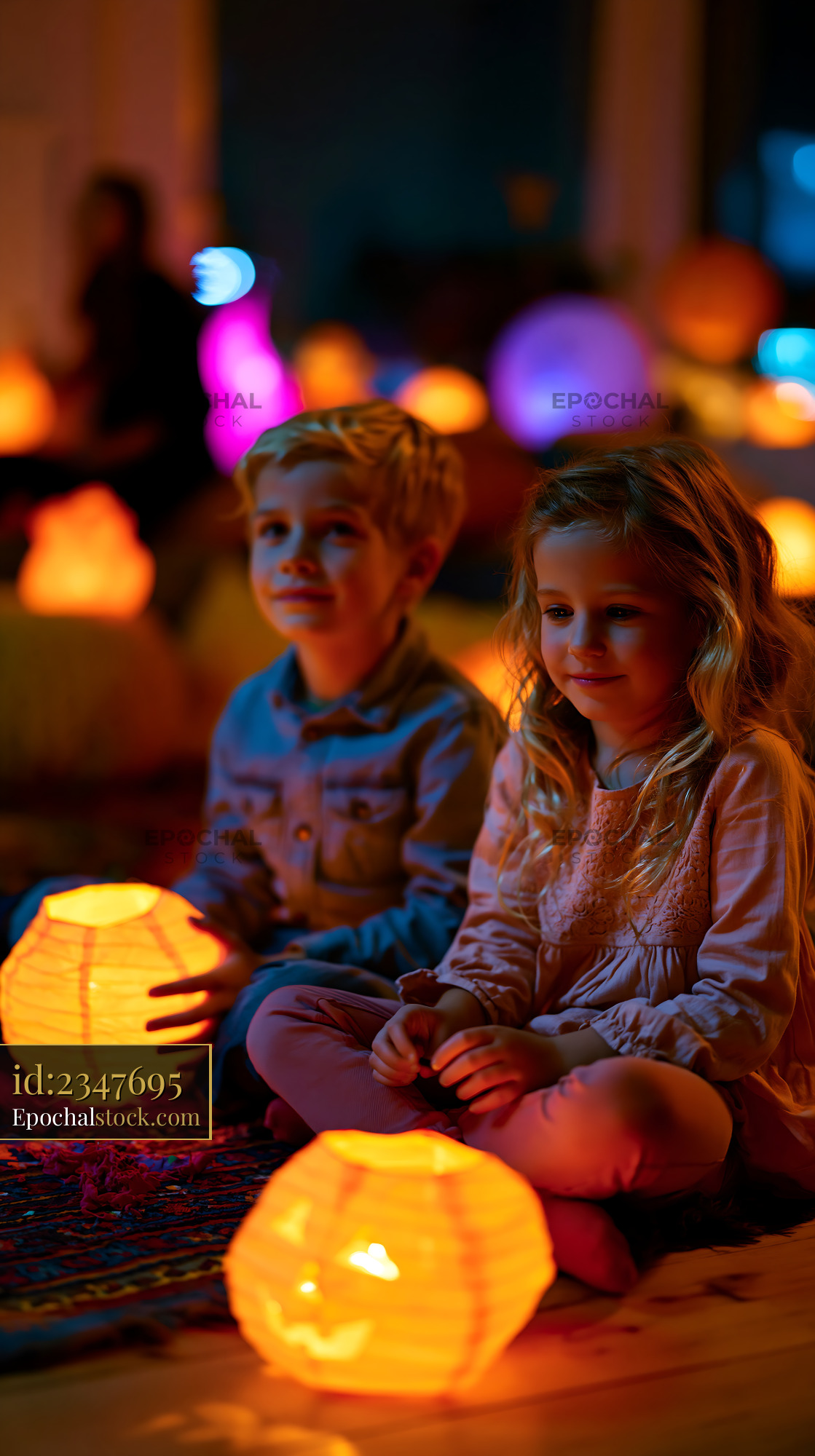 Watermarked full-resolution preview of Children enjoying lanterns at indoor event