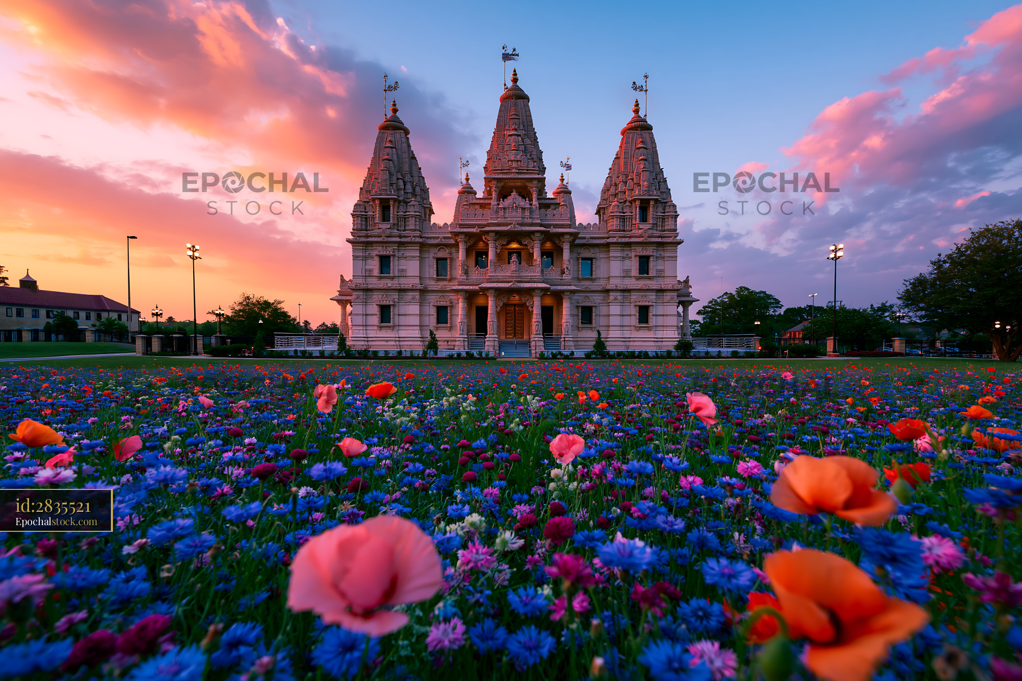 Watermarked full-resolution preview of Colorful flowers in front of a temple during sunset