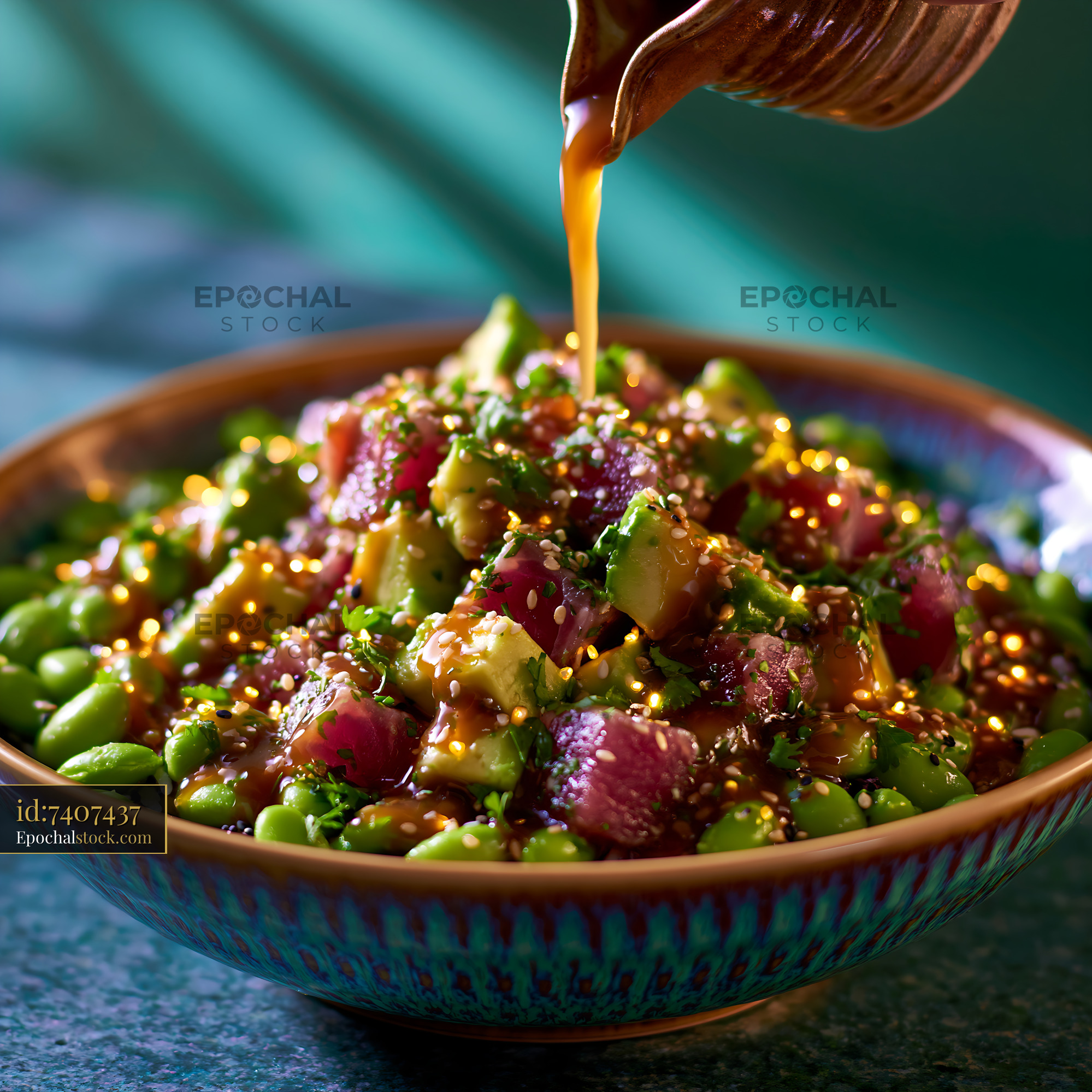 Watermarked full-resolution preview of Fresh salad with tuna, avocado, and sesame dressing