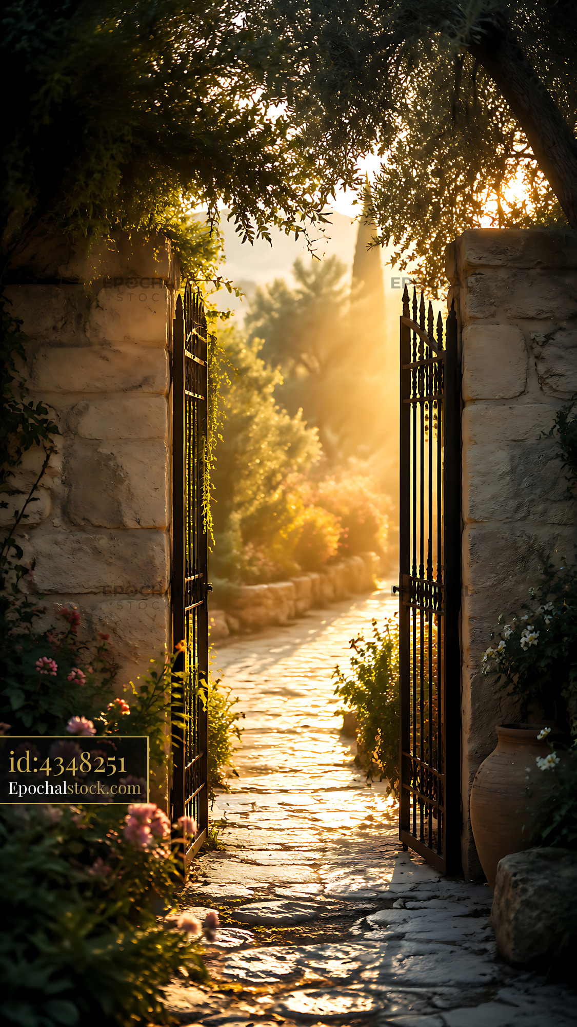 Watermarked full-resolution preview of Sunlight through gates in a garden path during evening