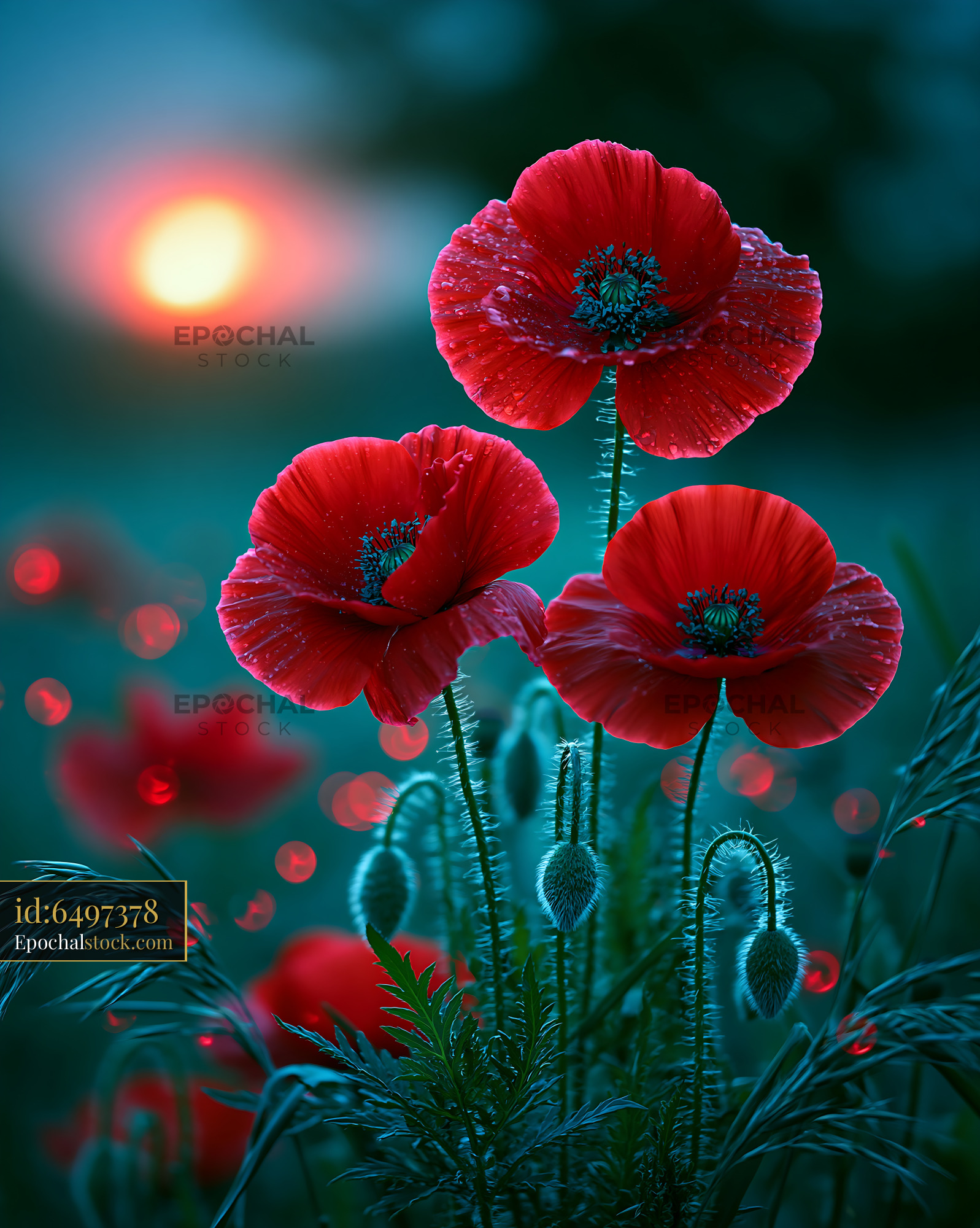 Watermarked full-resolution preview of Red poppies blooming at sunset in a tranquil field