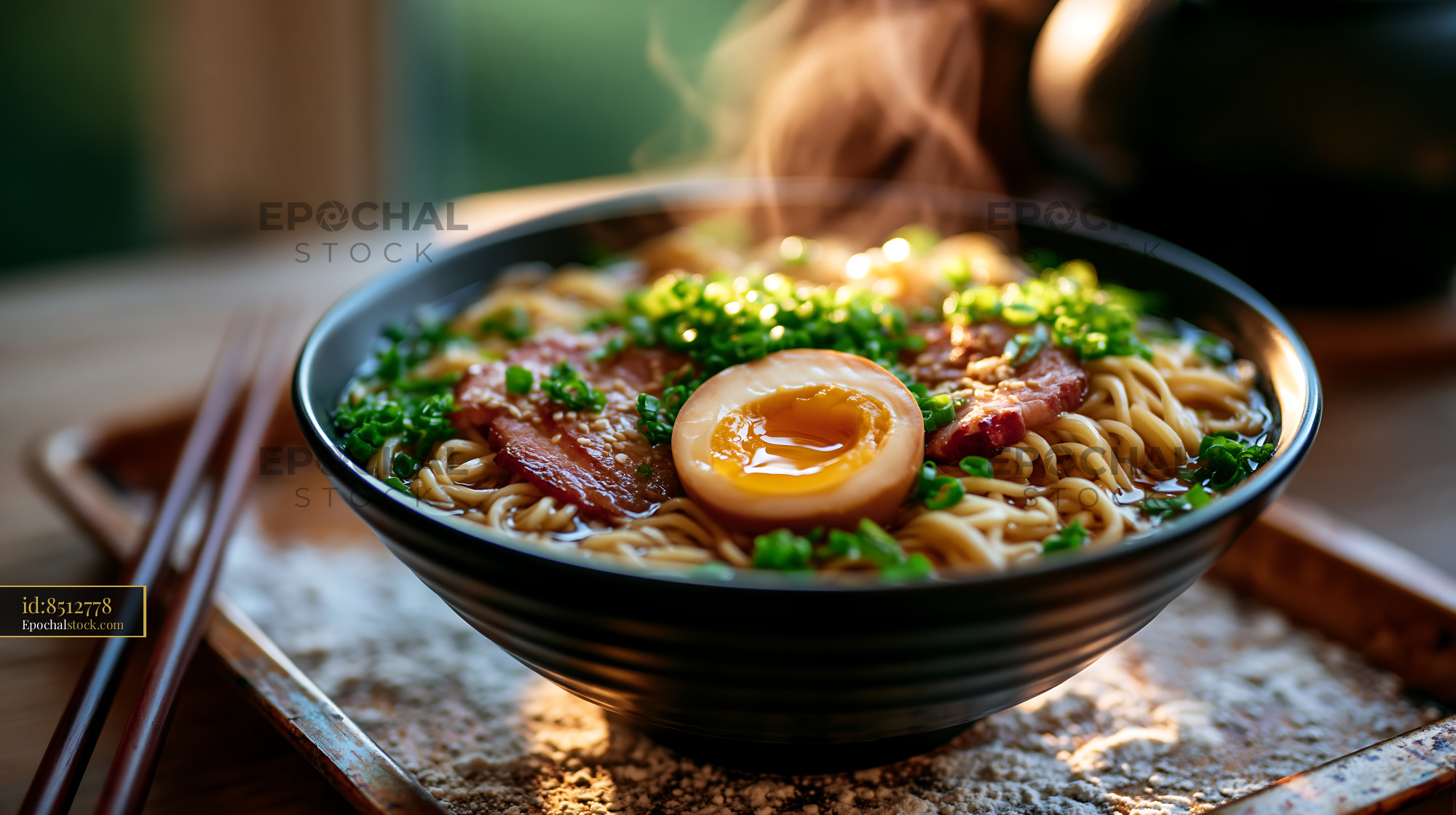 Watermarked full-resolution preview of Steaming bowl of ramen with soft-boiled egg and pork