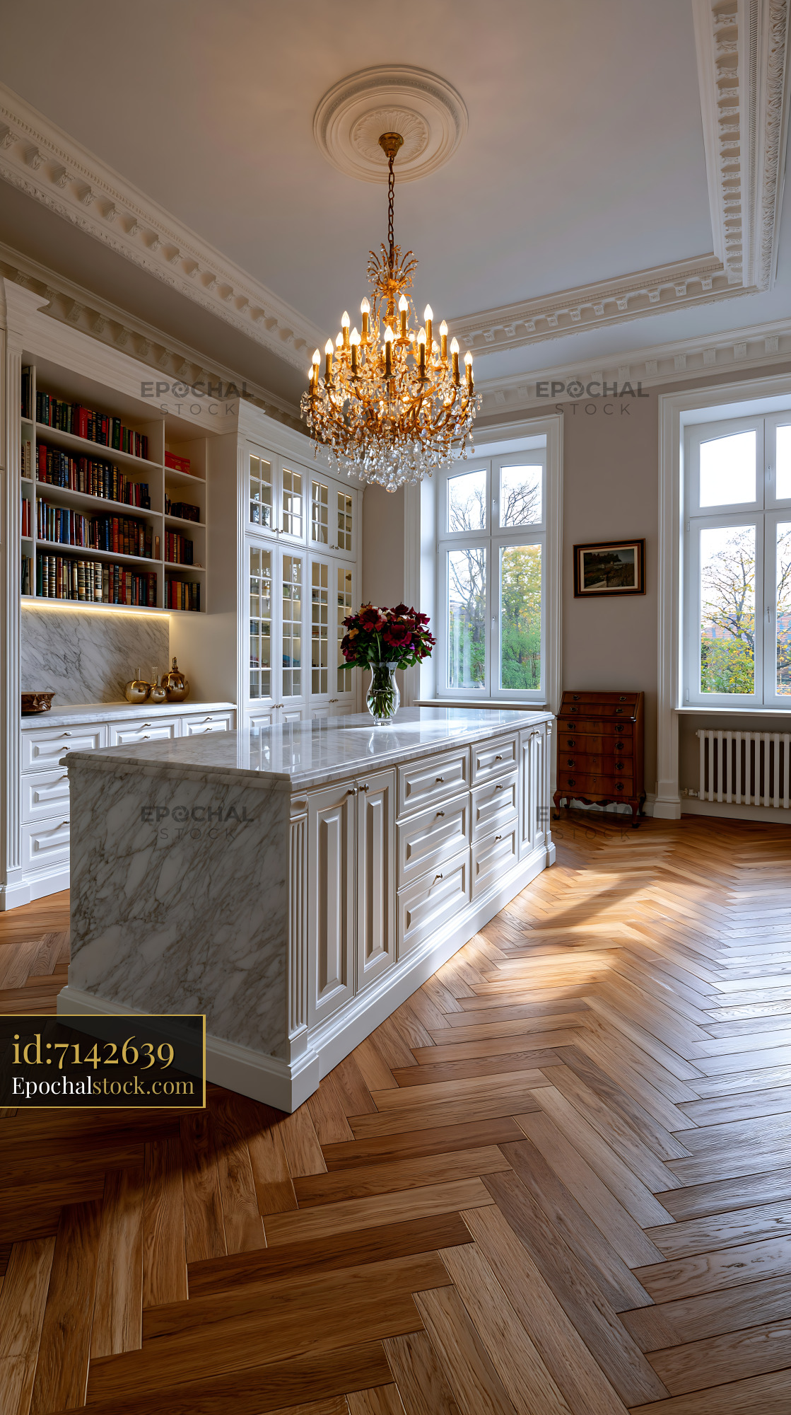 Watermarked full-resolution preview of Bright kitchen with marble island and wooden floor