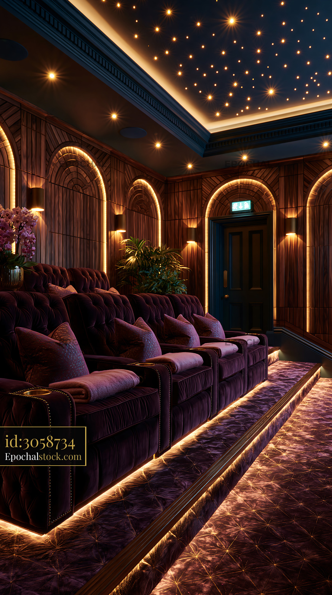 Watermarked full-resolution preview of Home theater seating area with ambient lighting and wood paneling