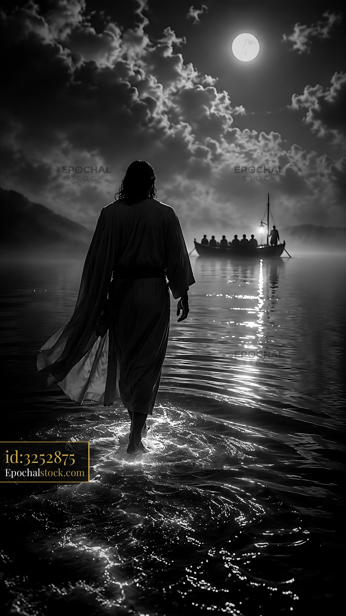 Watermarked full-resolution preview of Walking on water under the moonlight with a boat in the background