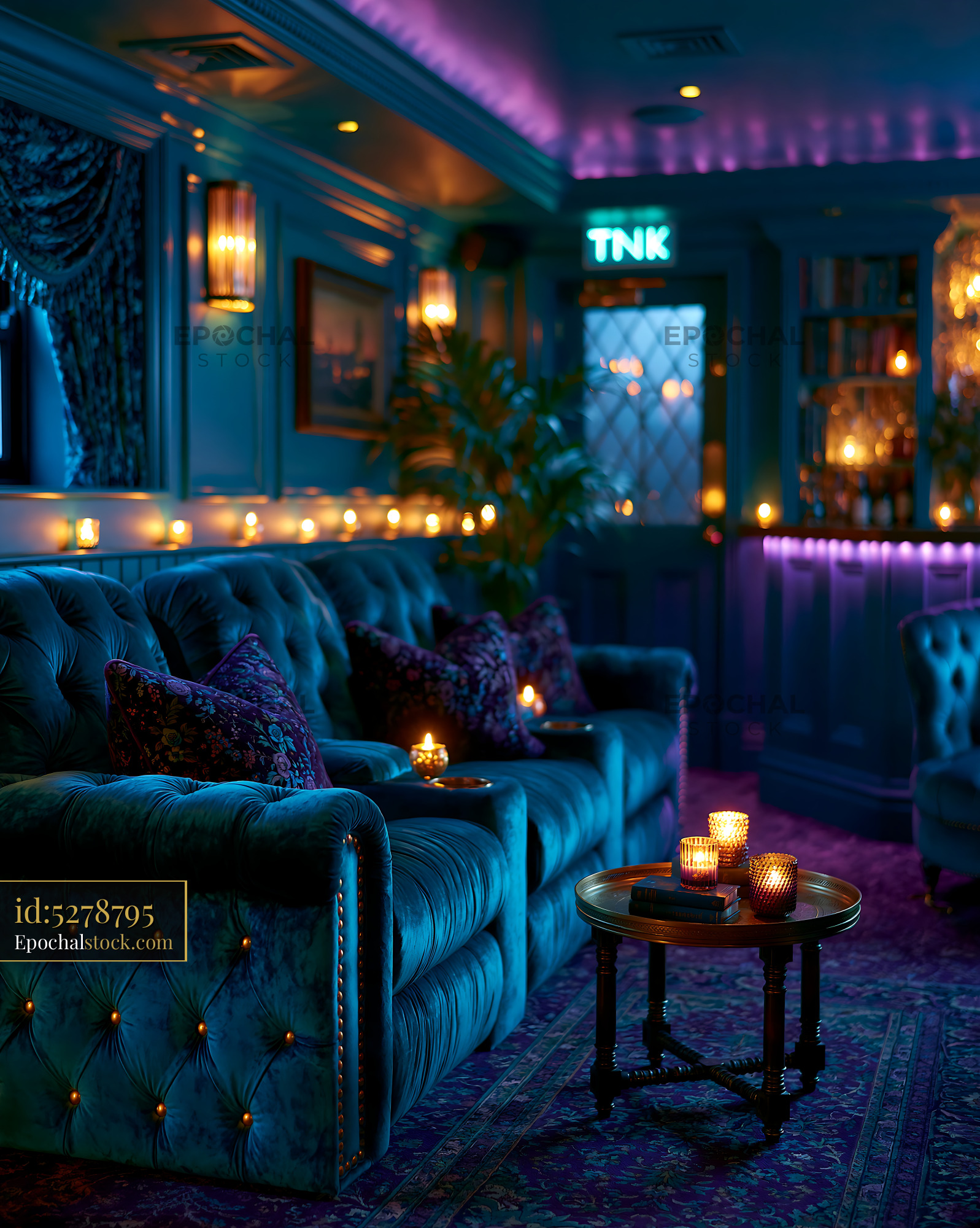 Watermarked full-resolution preview of Cozy lounge area with candles in a dimly lit setting