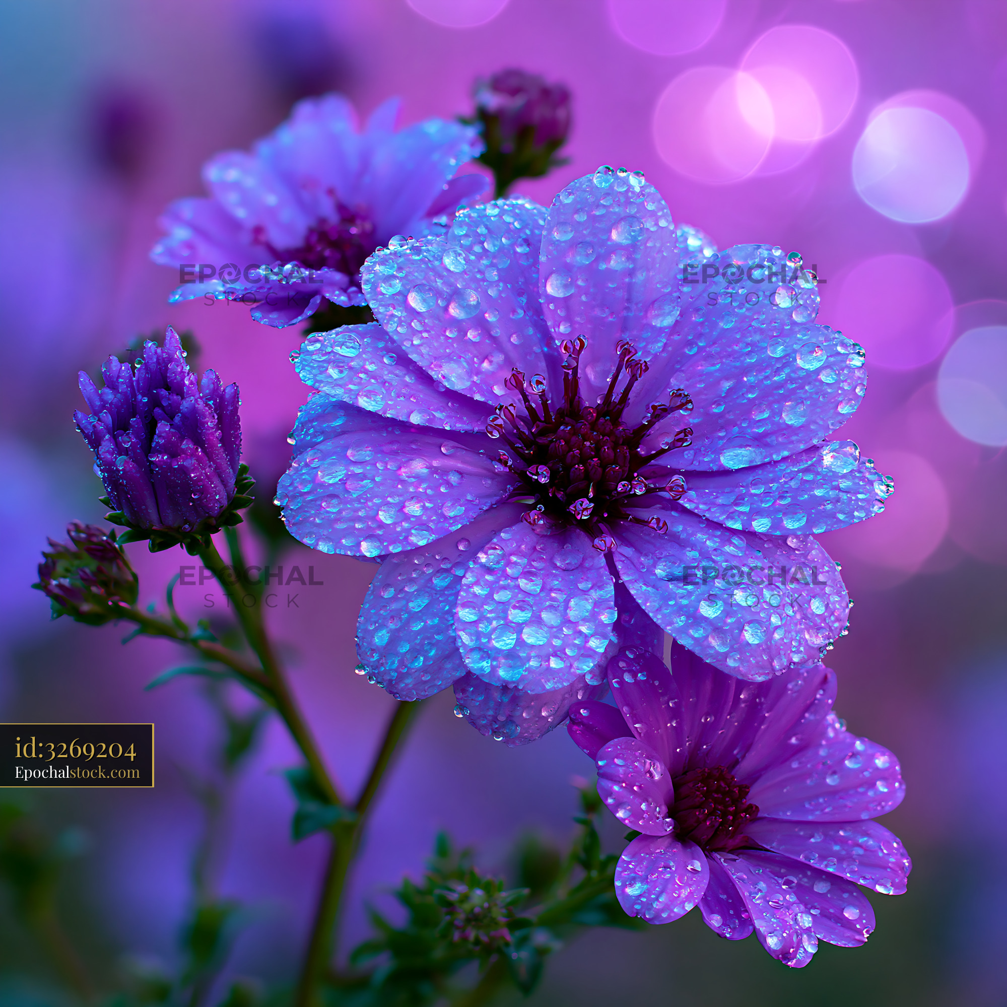 Watermarked full-resolution preview of Purple flowers with water drops in soft light