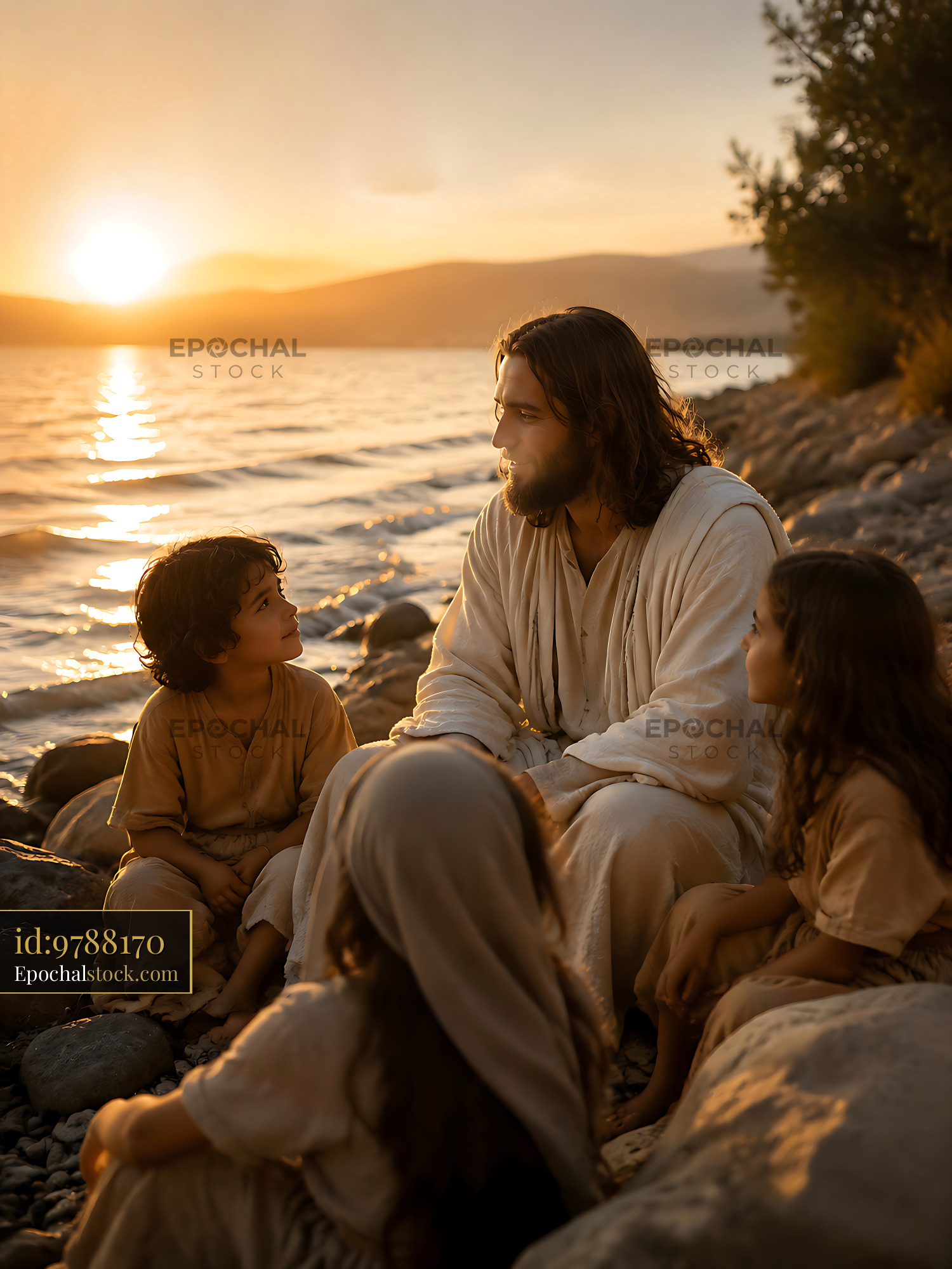 Watermarked full-resolution preview of Man with children by the lakeshore during sunset