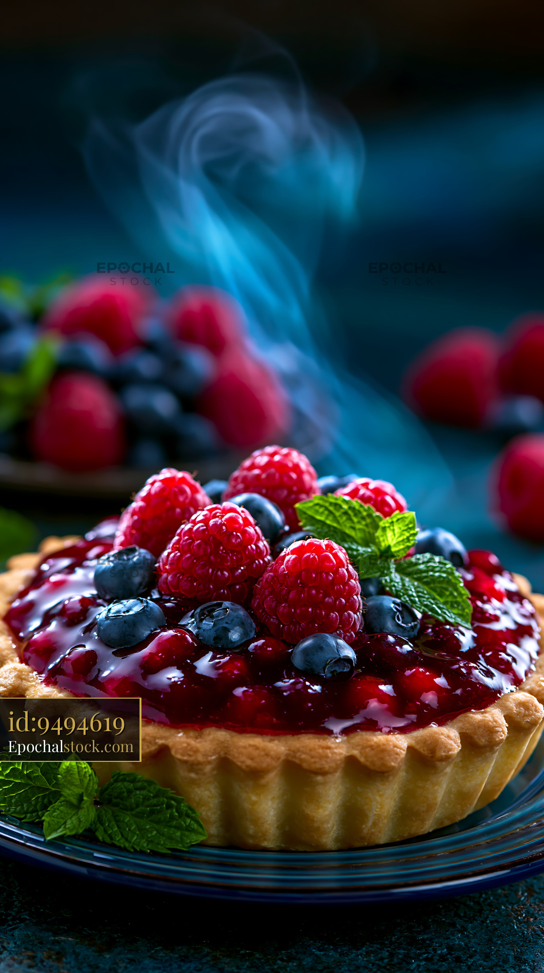 Watermarked full-resolution preview of Fresh fruit tart with raspberries and blueberries on a table