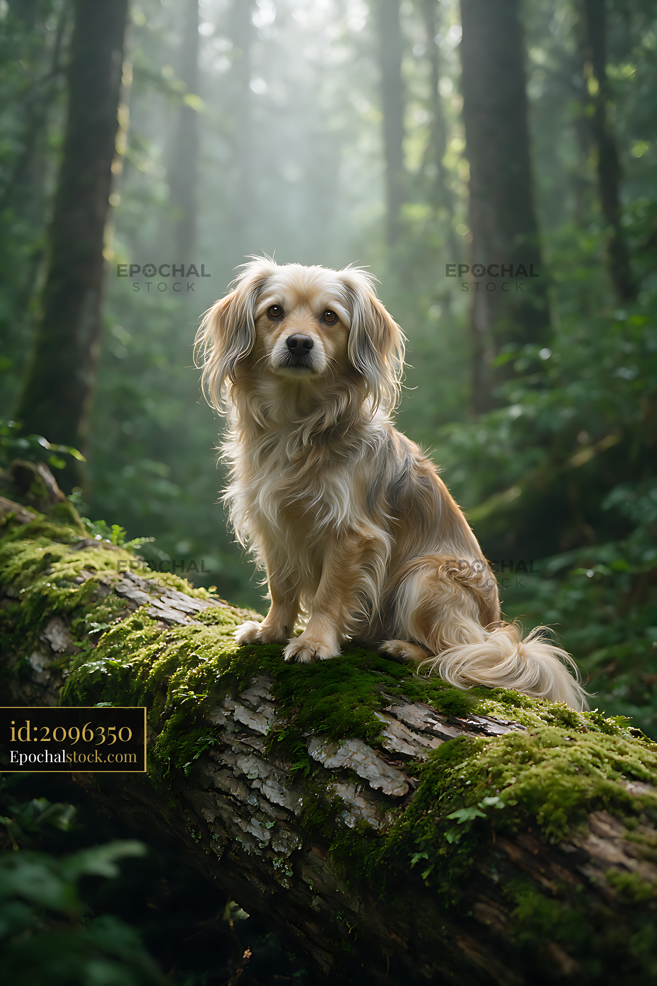 Watermarked full-resolution preview of Fluffy dog sitting on a mossy log in the forest