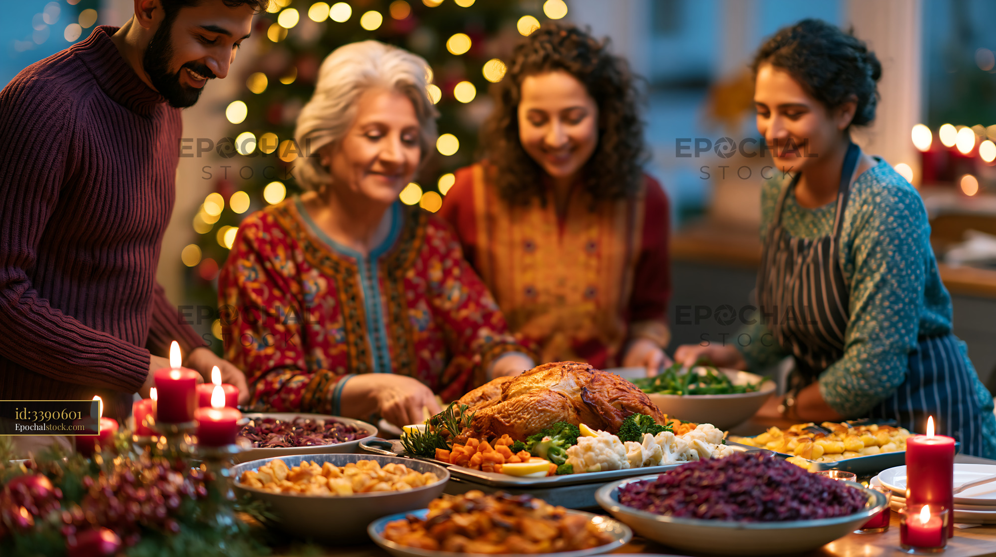Watermarked full-resolution preview of Family gathering around dinner table during holiday celebration