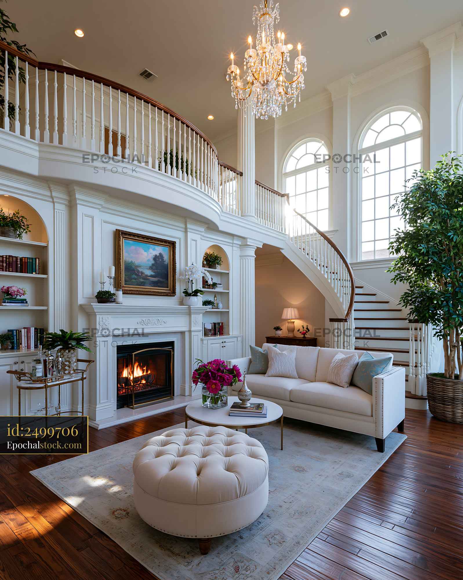 Watermarked full-resolution preview of Modern living room with elegant decor and a staircase