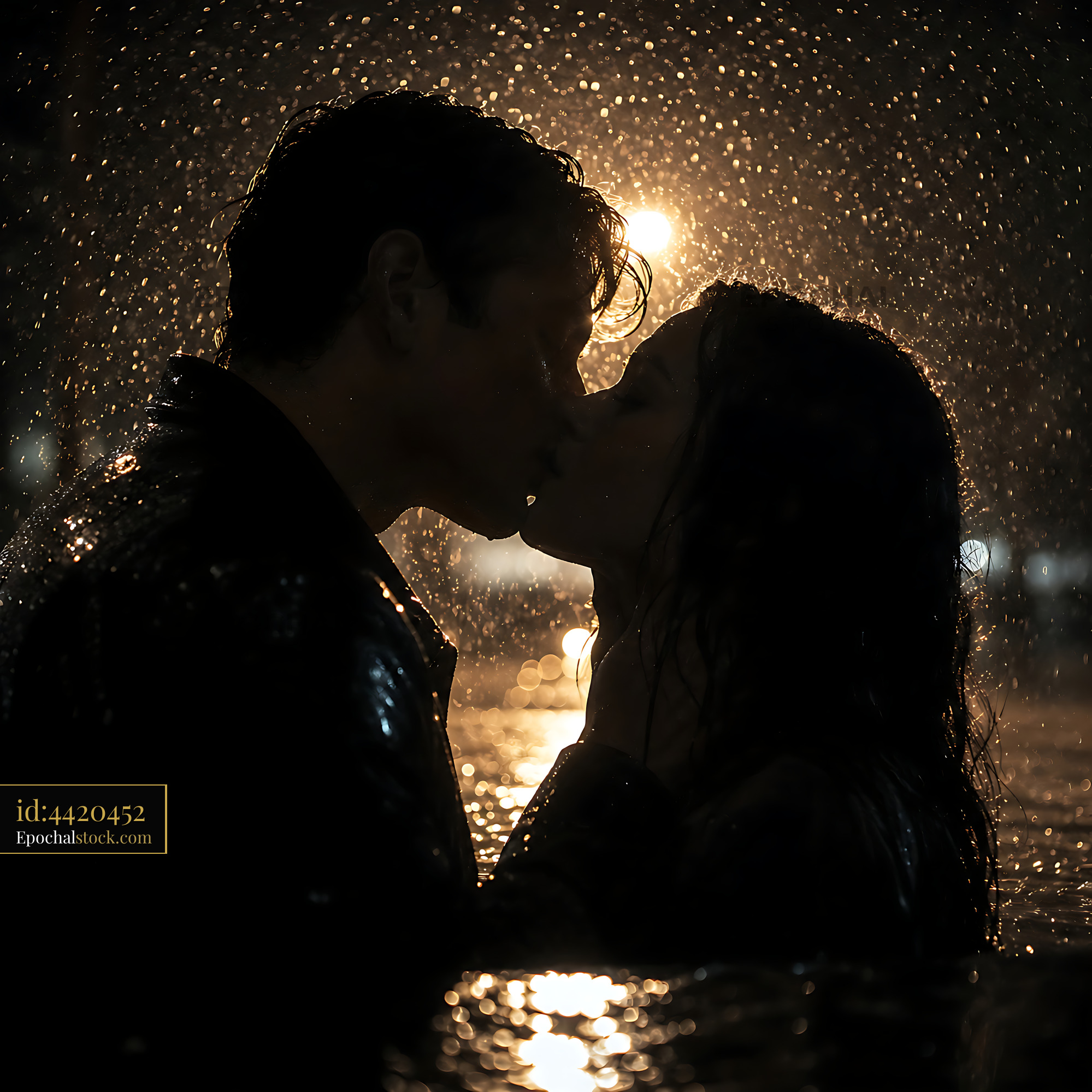 Watermarked full-resolution preview of Couple kissing in the rain under streetlight at night
