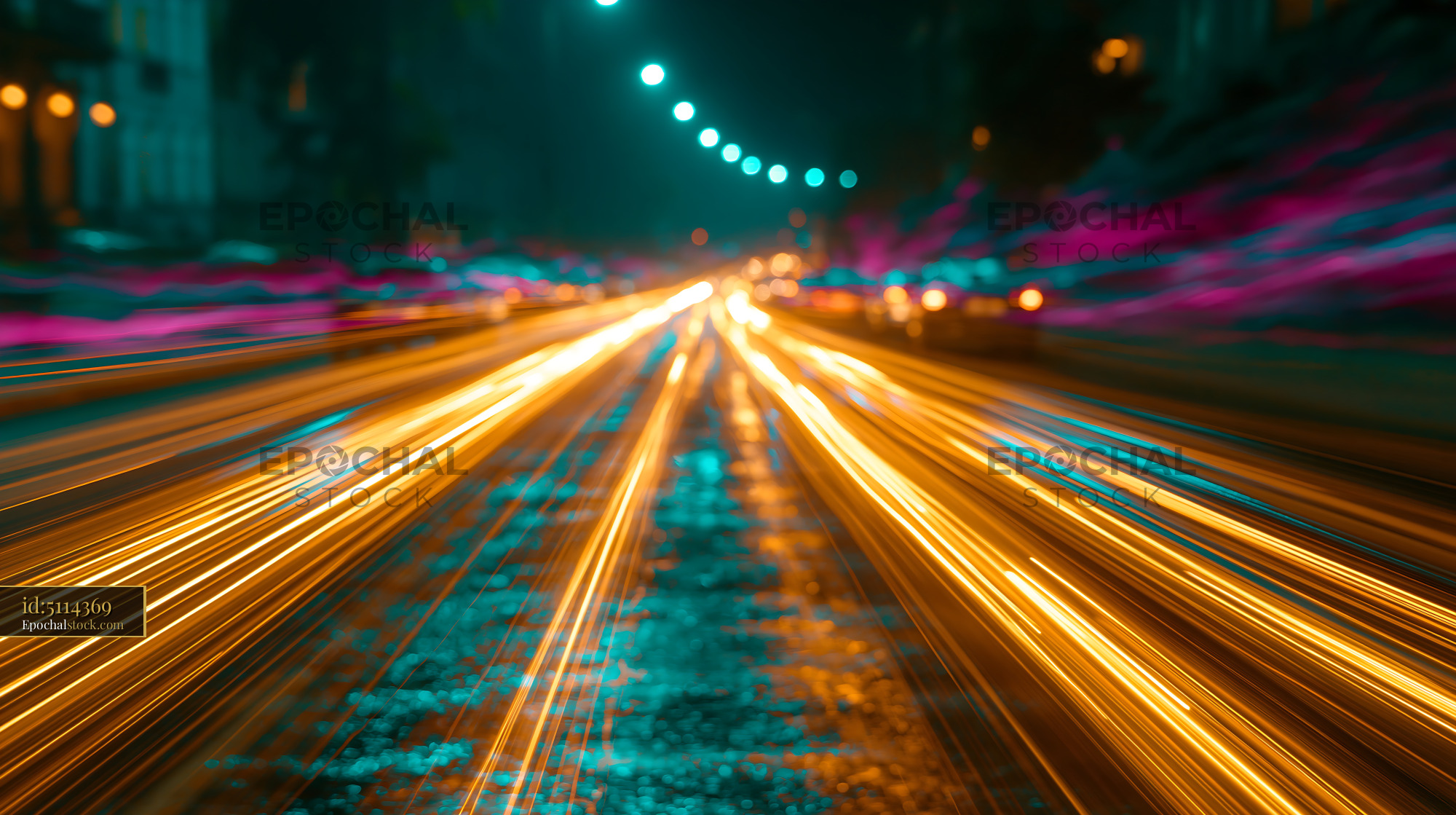 Watermarked full-resolution preview of Nighttime urban street with light trails from moving vehicles