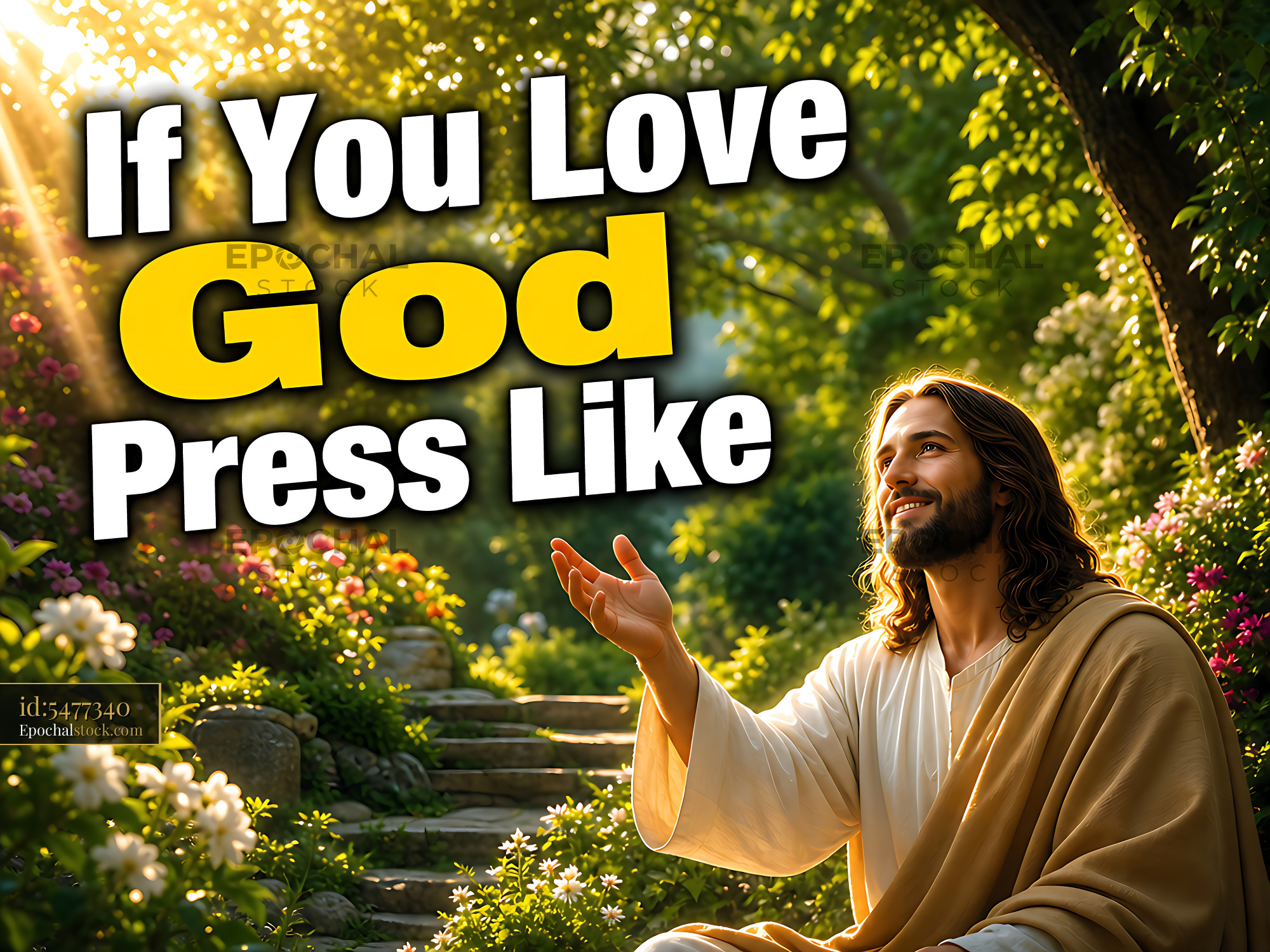 Watermarked full-resolution preview of Jesus in a garden welcoming nature and light