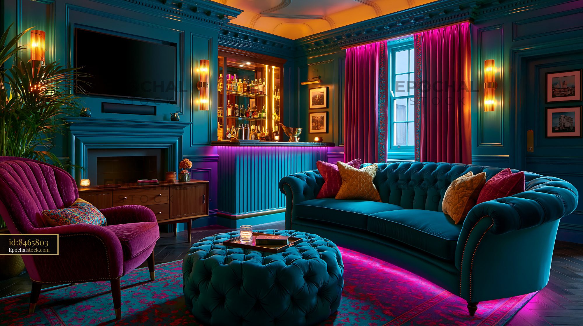 Watermarked full-resolution preview of Stylish living room with colorful lighting and modern furniture