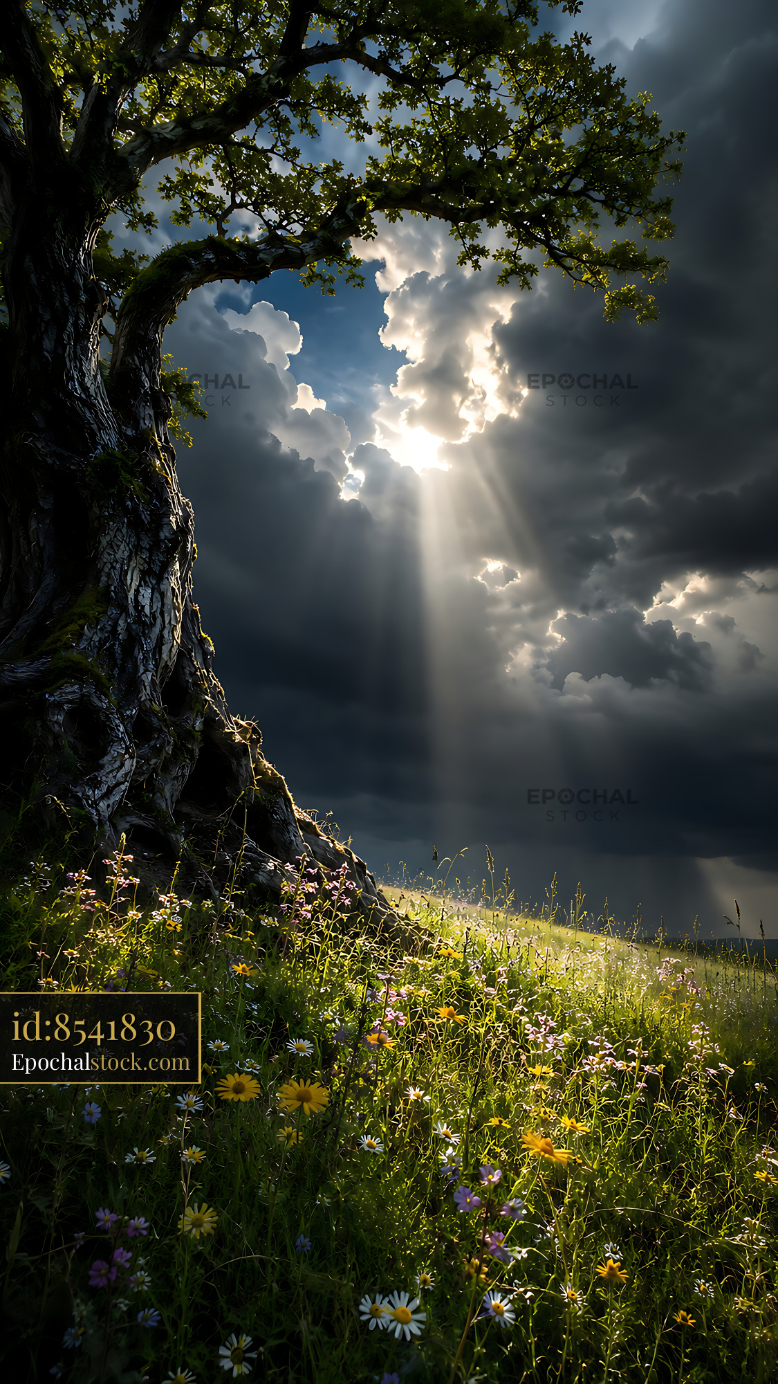 Watermarked full-resolution preview of Sunlight breaking through clouds over tree in field