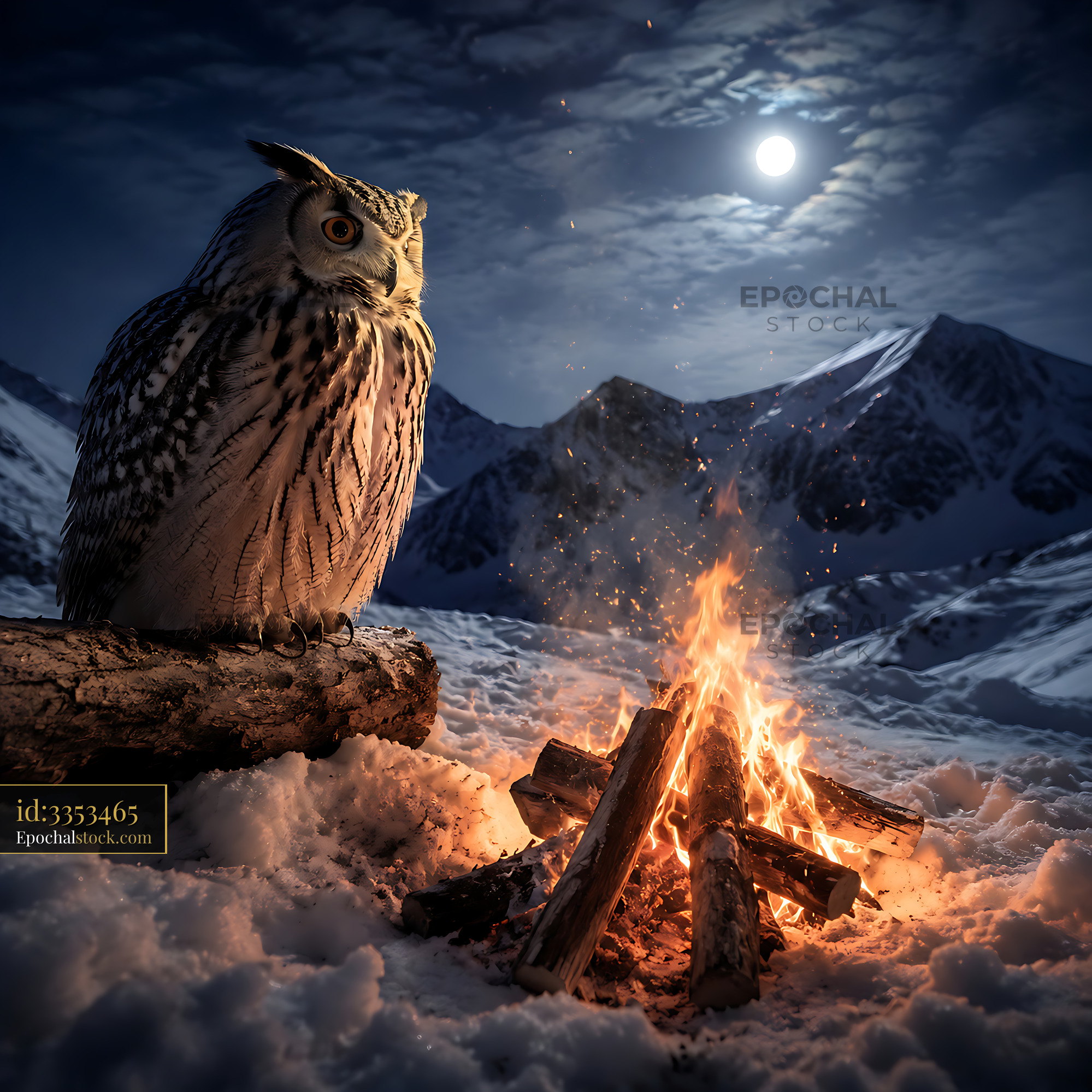 Watermarked full-resolution preview of Owl near campfire in snowy mountains at night