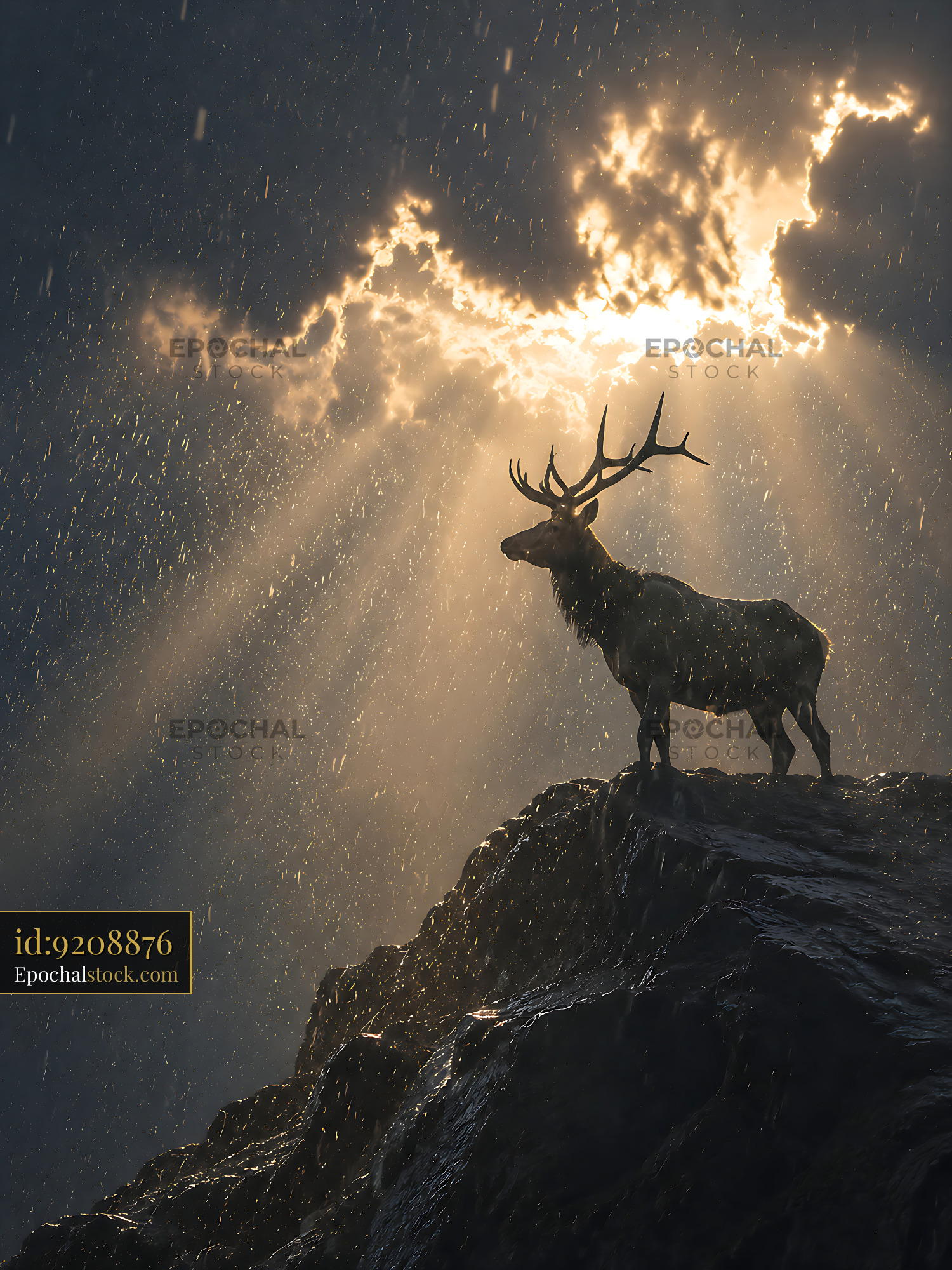 Watermarked full-resolution preview of Elk standing on a rock with sunlight breaking through clouds