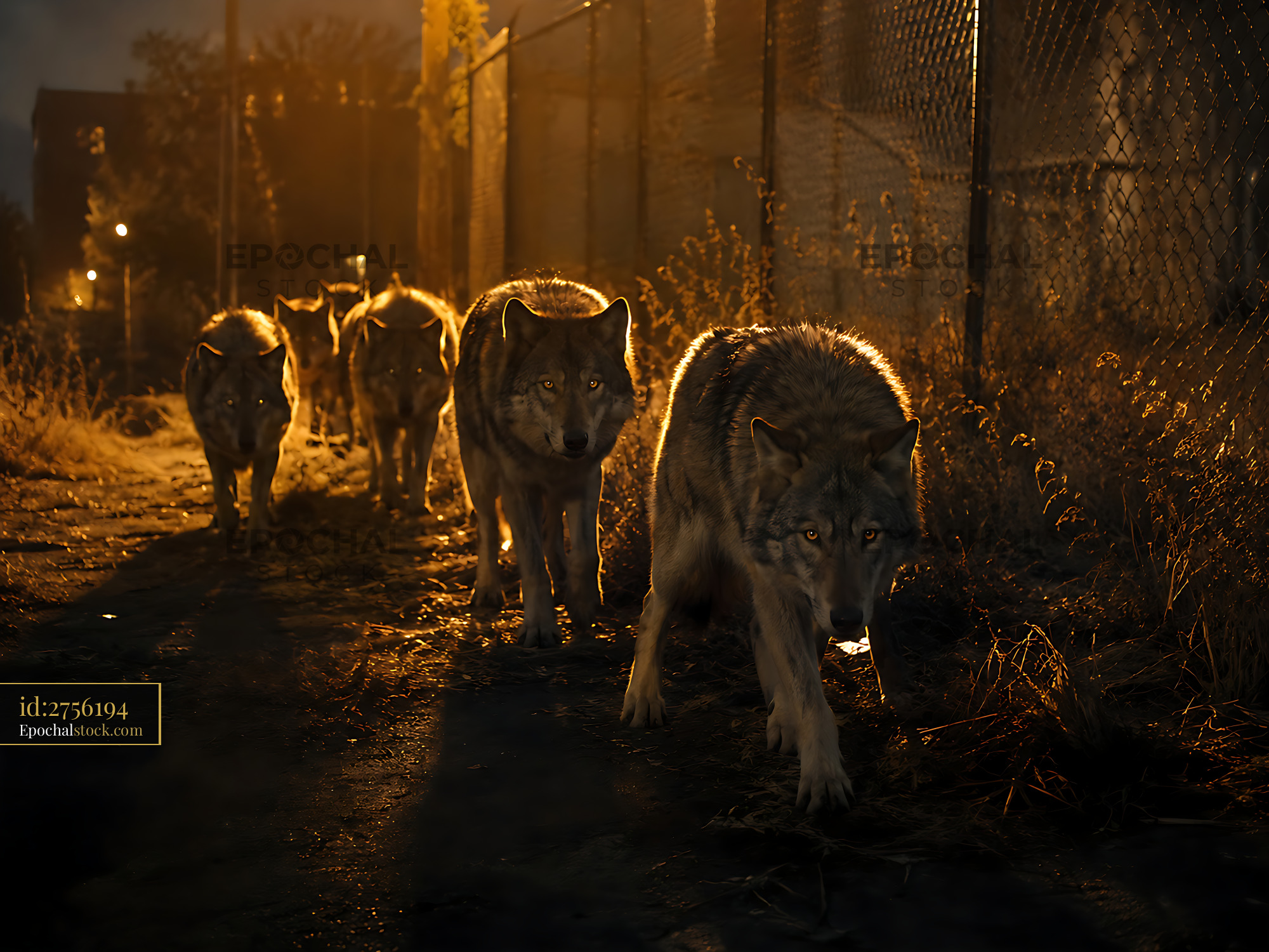 Watermarked full-resolution preview of Wolves walking on a deserted street at night