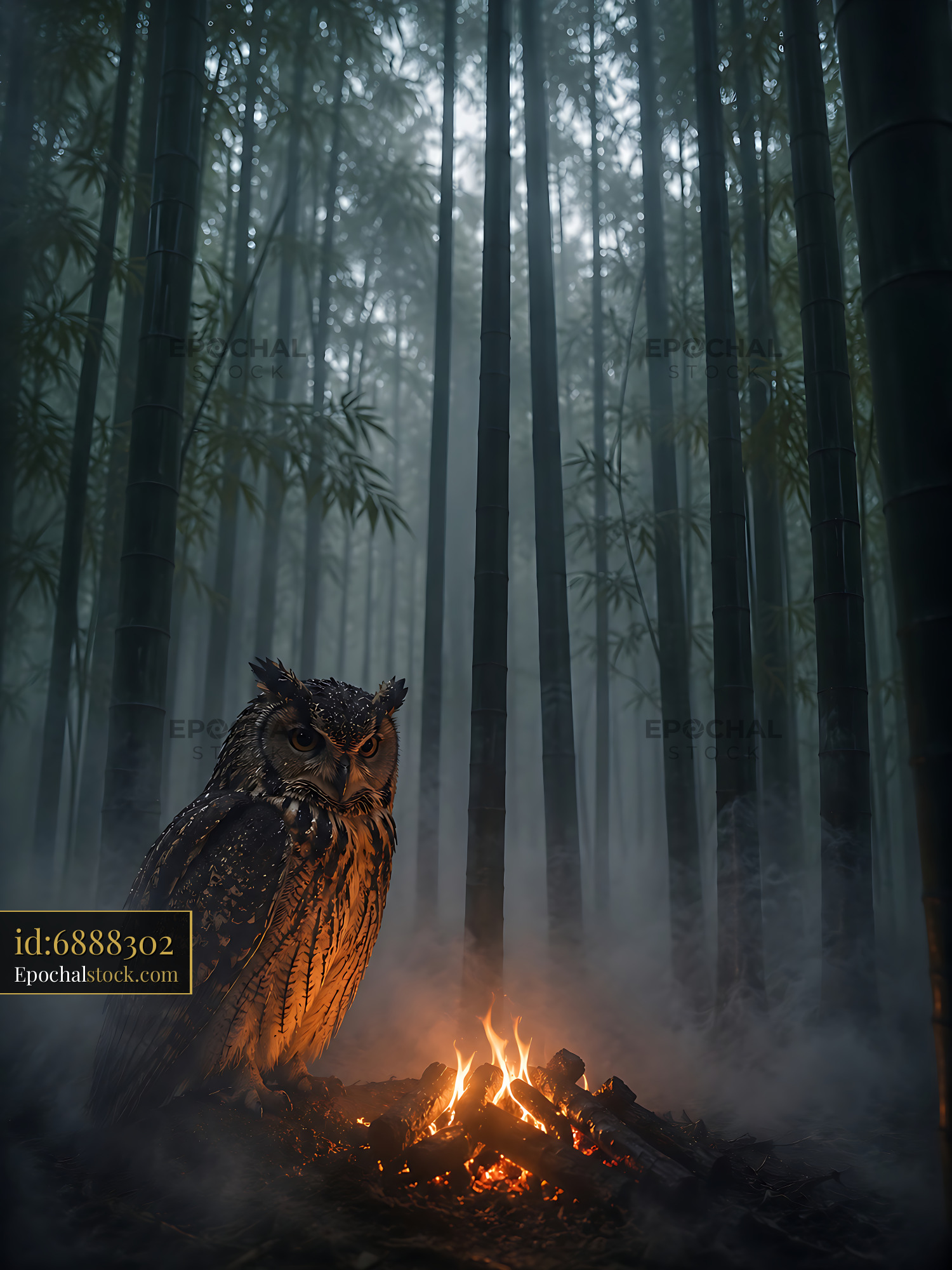 Watermarked full-resolution preview of Owl standing near a fire in a bamboo forest at night