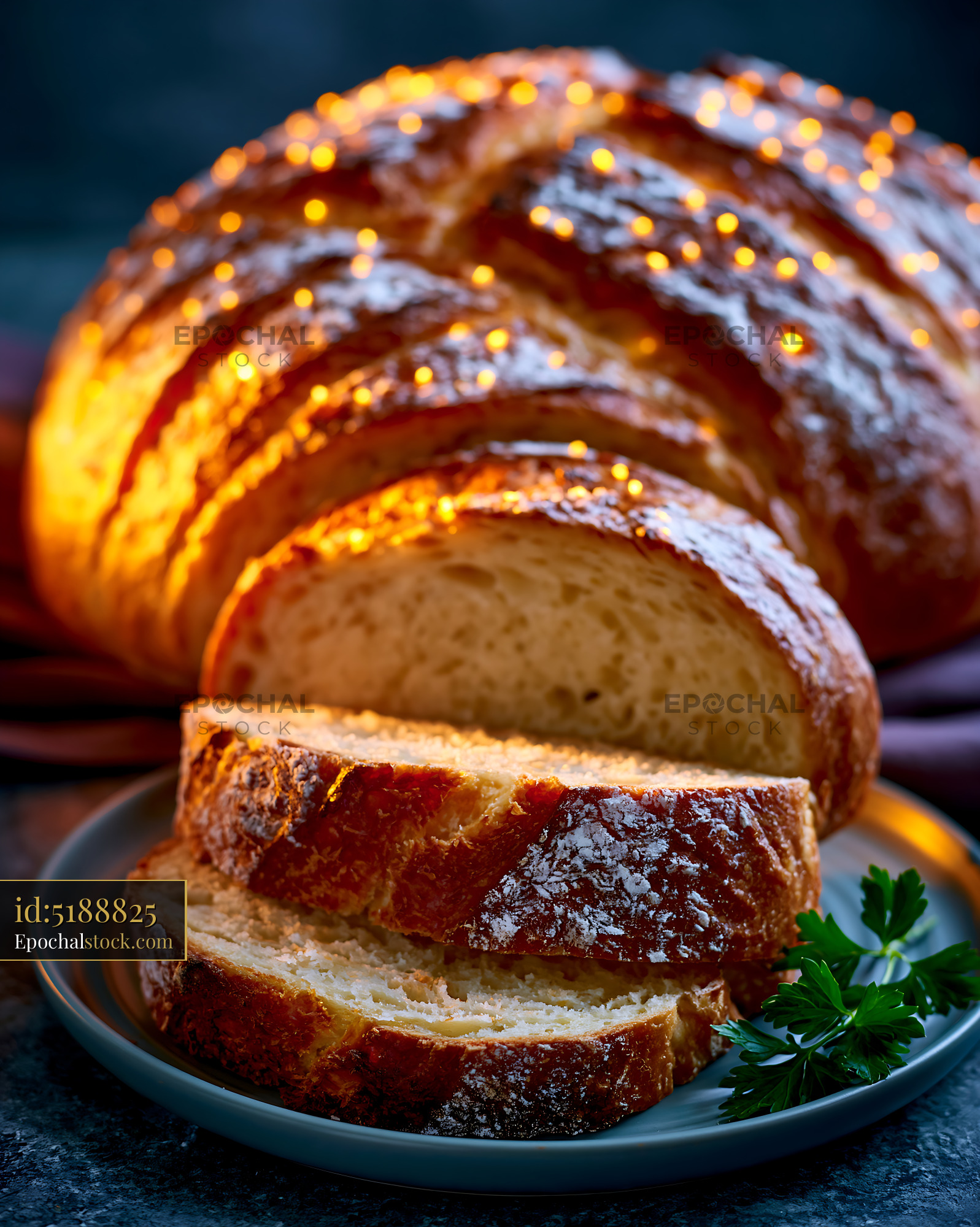 Watermarked full-resolution preview of Freshly baked bread with golden crust on a plate