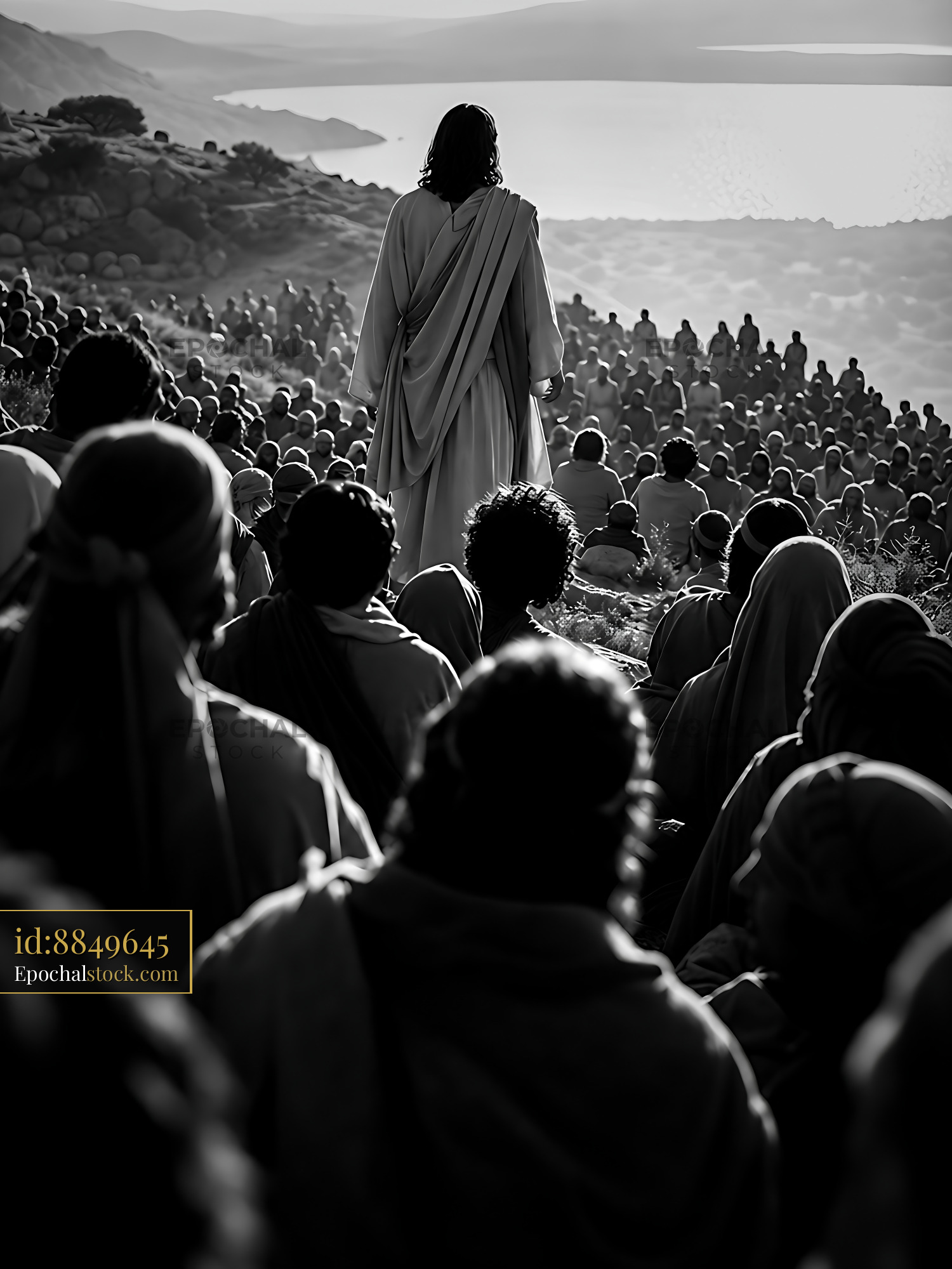 Watermarked full-resolution preview of Man speaking to large crowd on a hillside near water