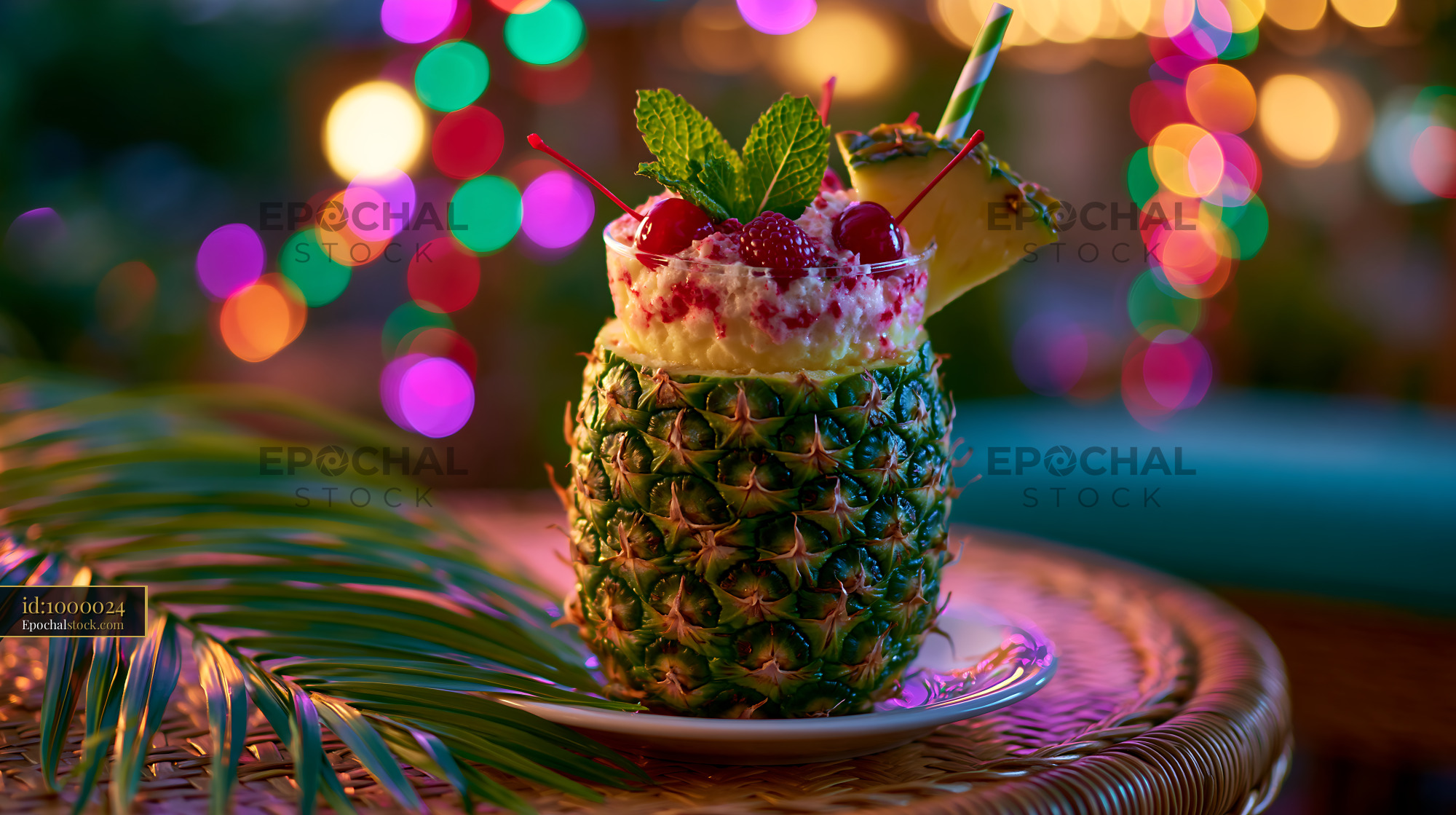 Watermarked full-resolution preview of Colorful tropical drink served in a pineapple