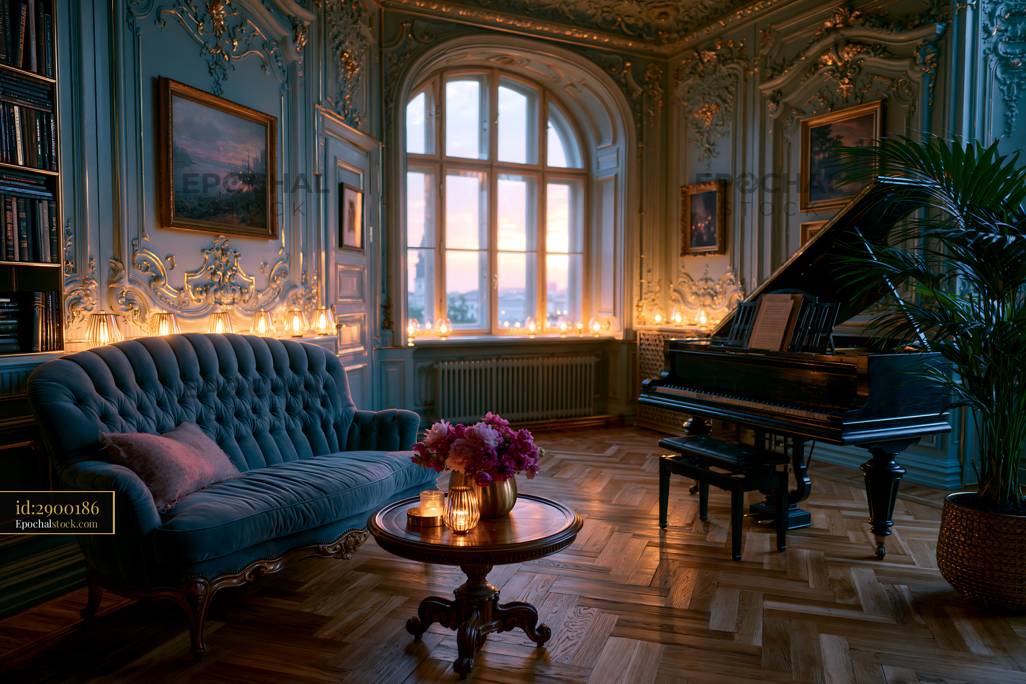 Watermarked full-resolution preview of Elegant room with piano and candles at sunset