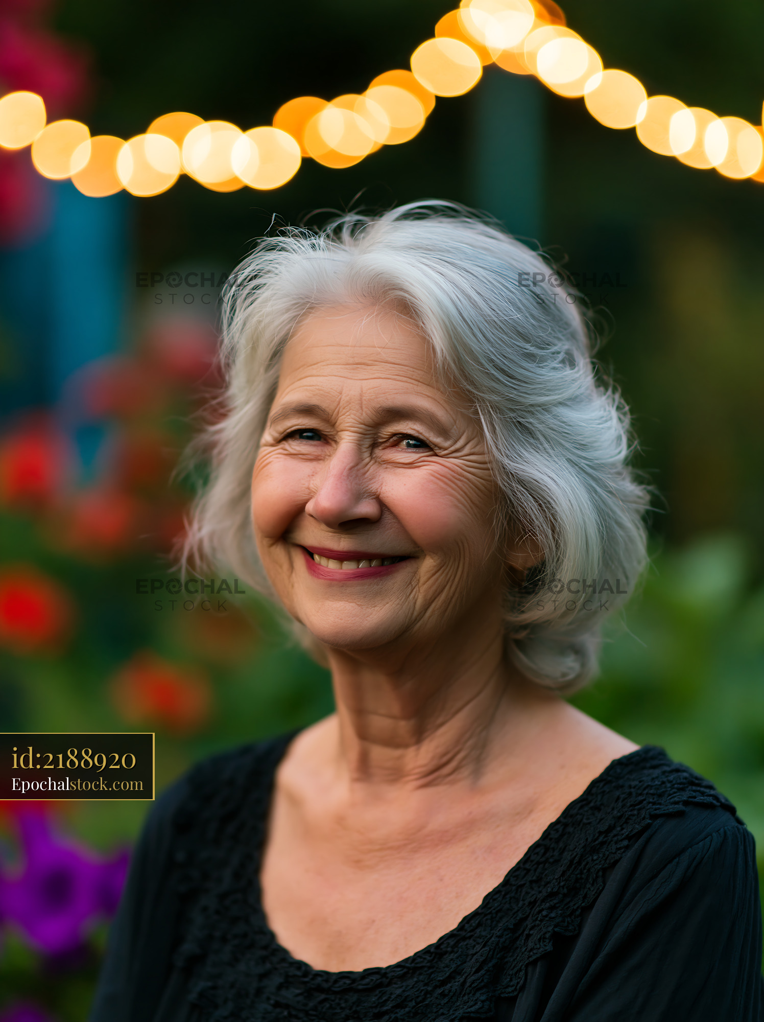Watermarked full-resolution preview of Smiling woman in garden with warm lights during sunset