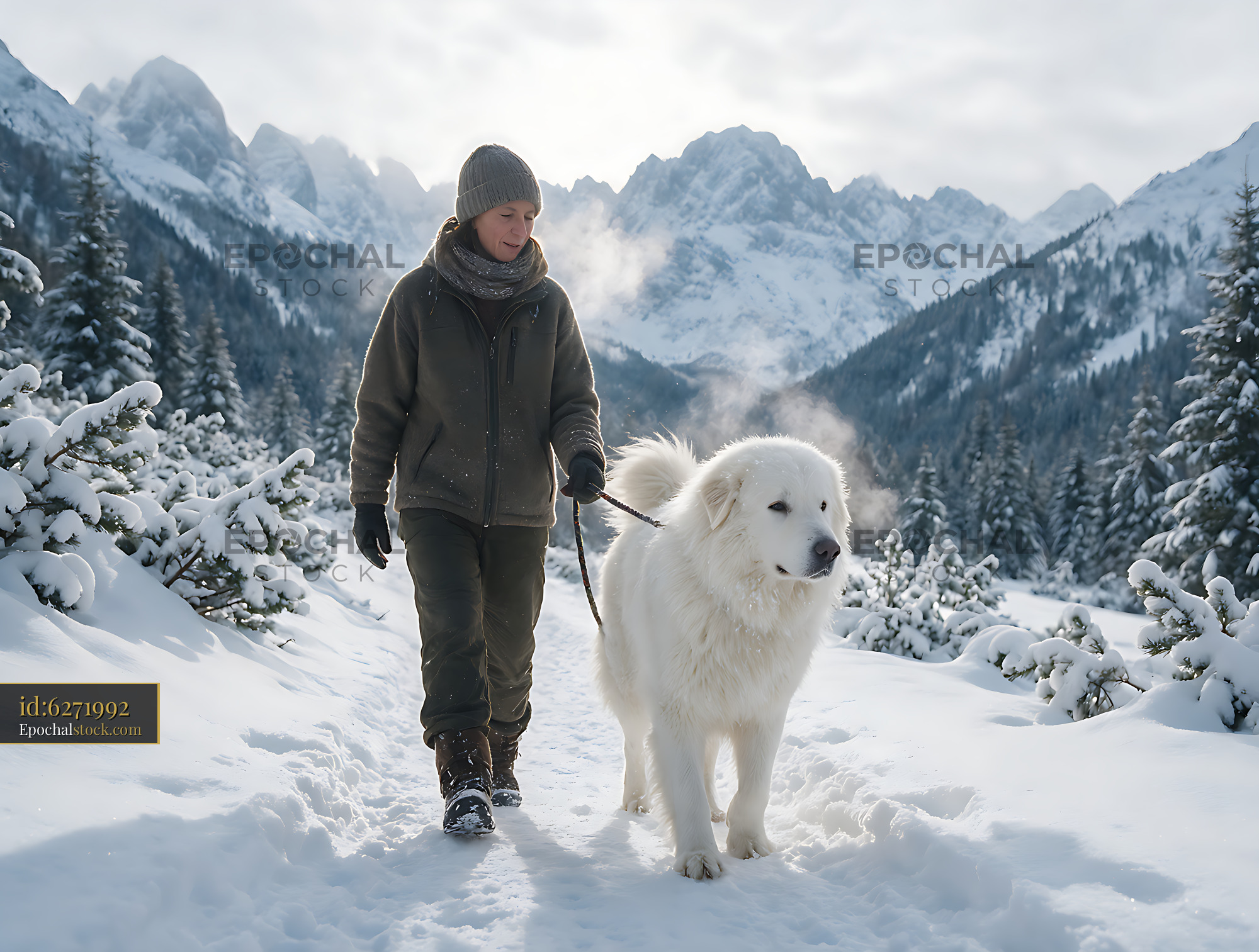 Watermarked full-resolution preview of Owner and large white dog hiking in a snowy mountain landscape