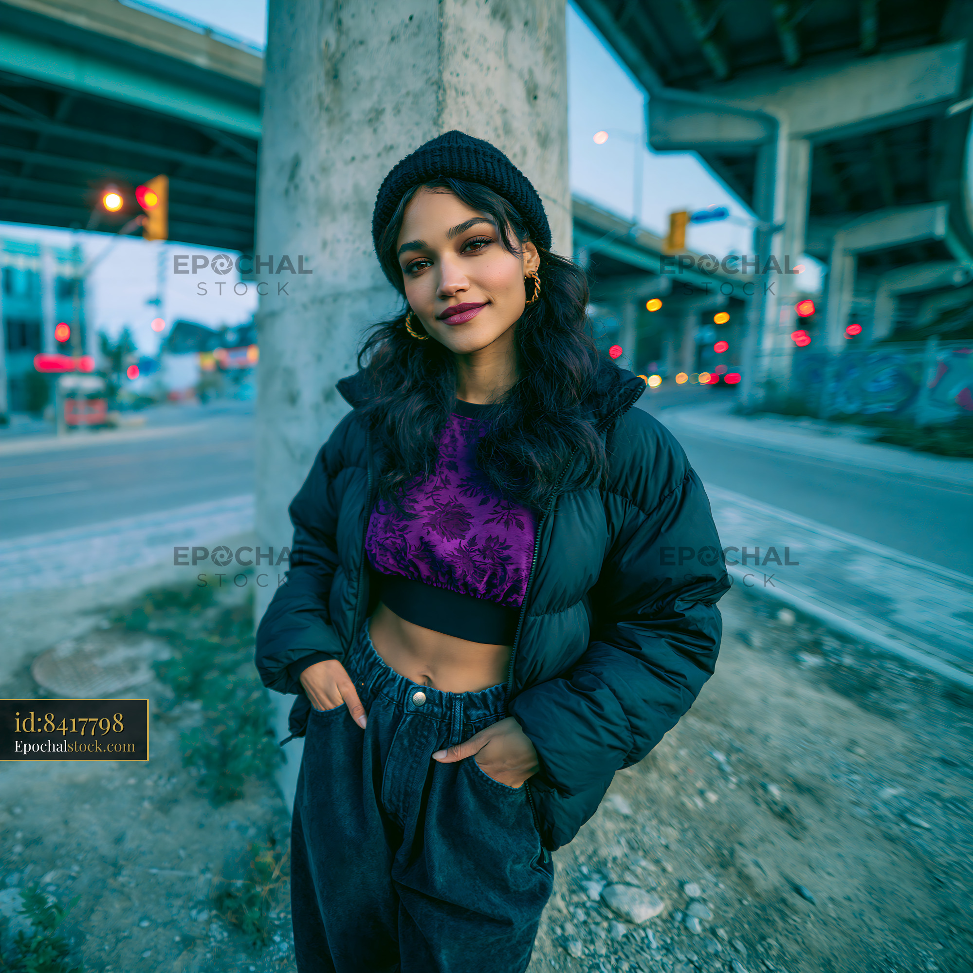 Watermarked full-resolution preview of Young woman stands under urban bridge at dusk