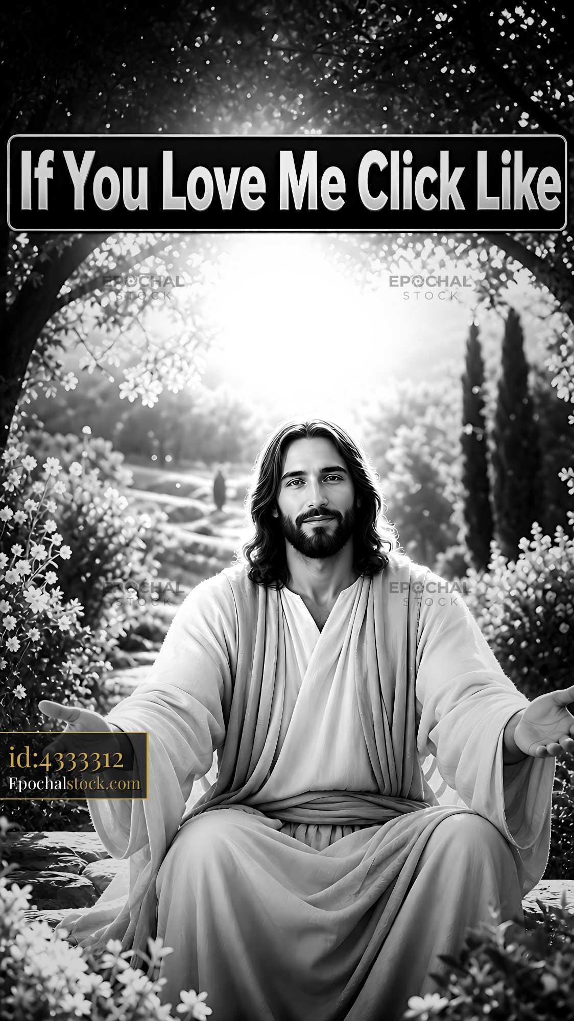 Watermarked full-resolution preview of Jesus in a garden setting with an invitation to engage