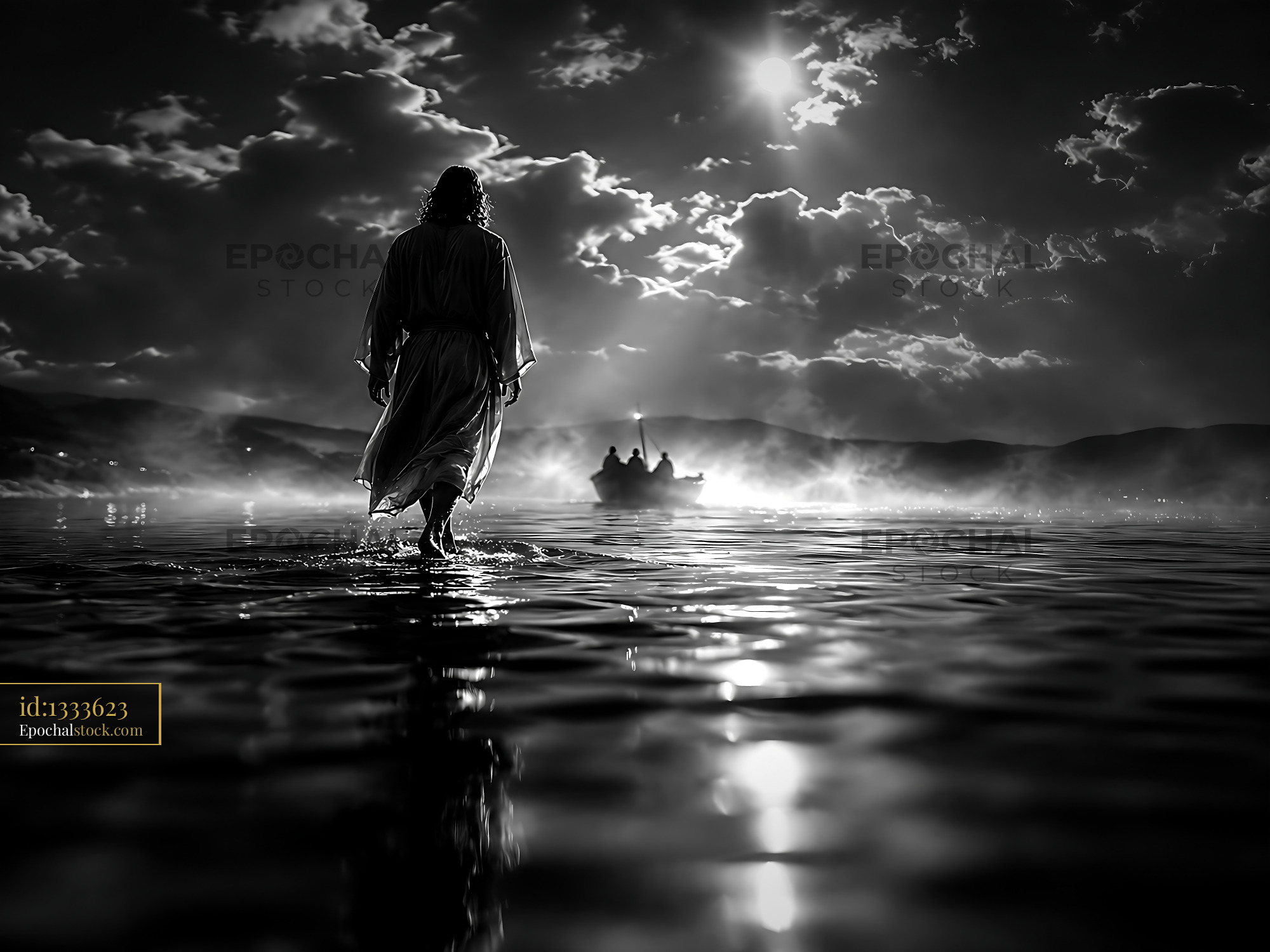 Watermarked full-resolution preview of Person walking on water under a cloudy sky