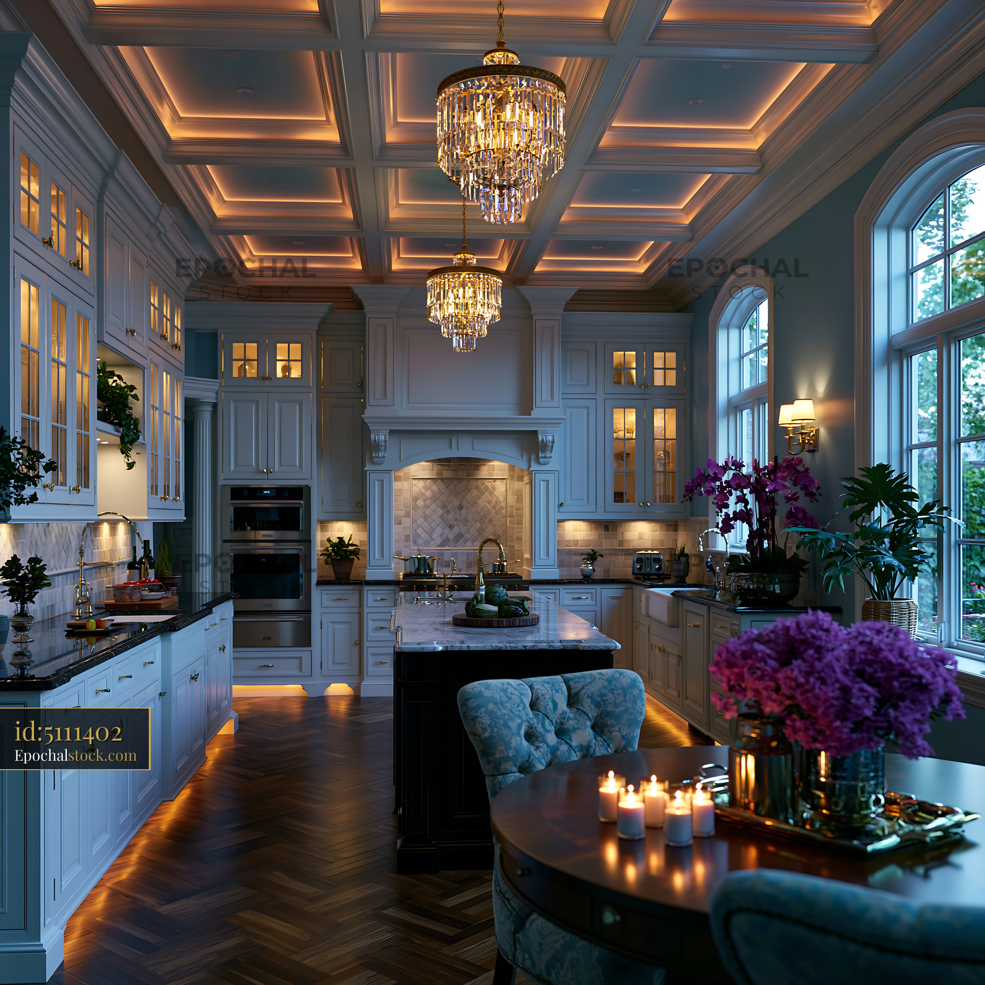 Watermarked full-resolution preview of Modern kitchen with elegant lighting and decor
