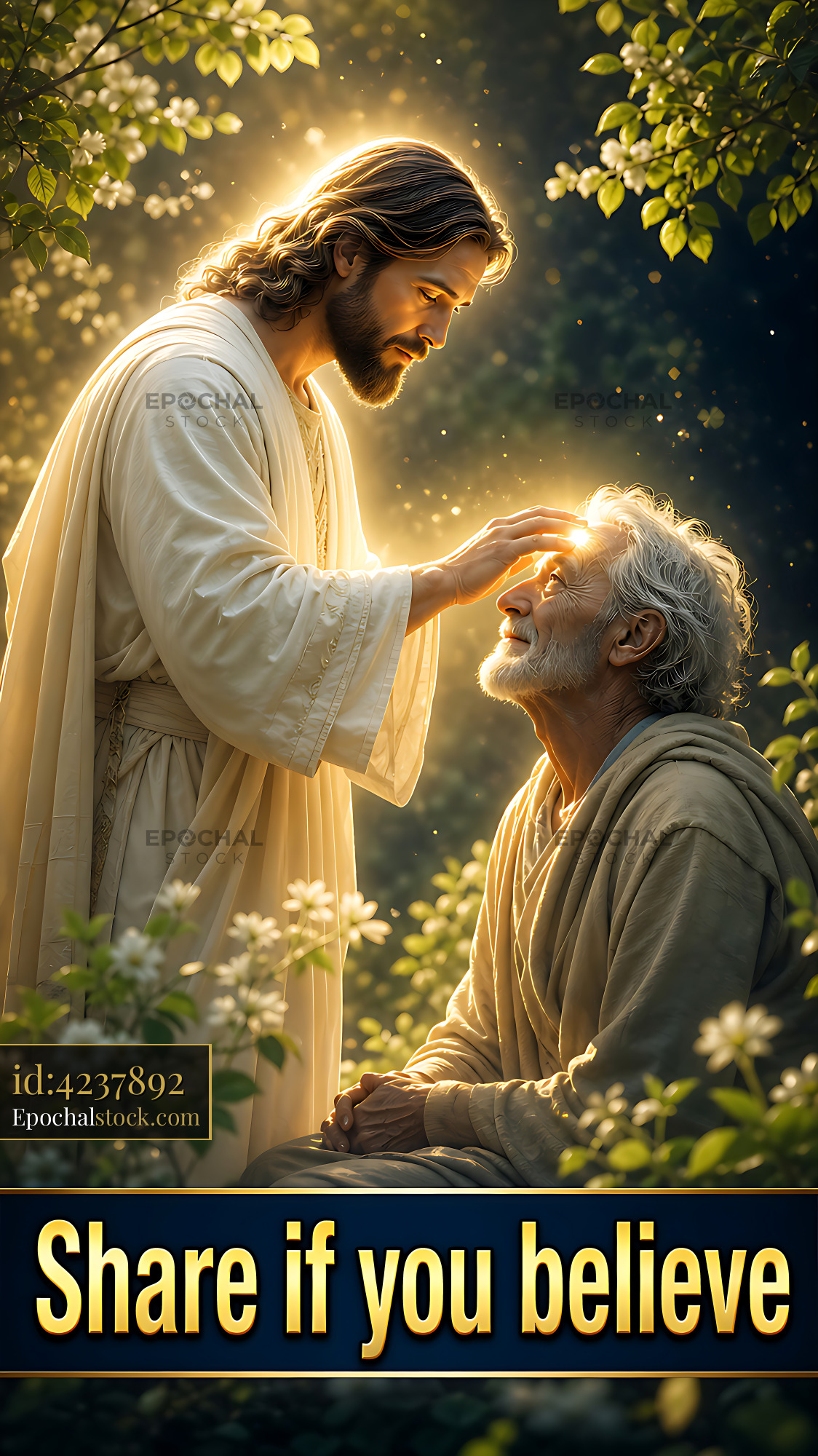 Watermarked full-resolution preview of Jesus touching the forehead of an elderly man in nature