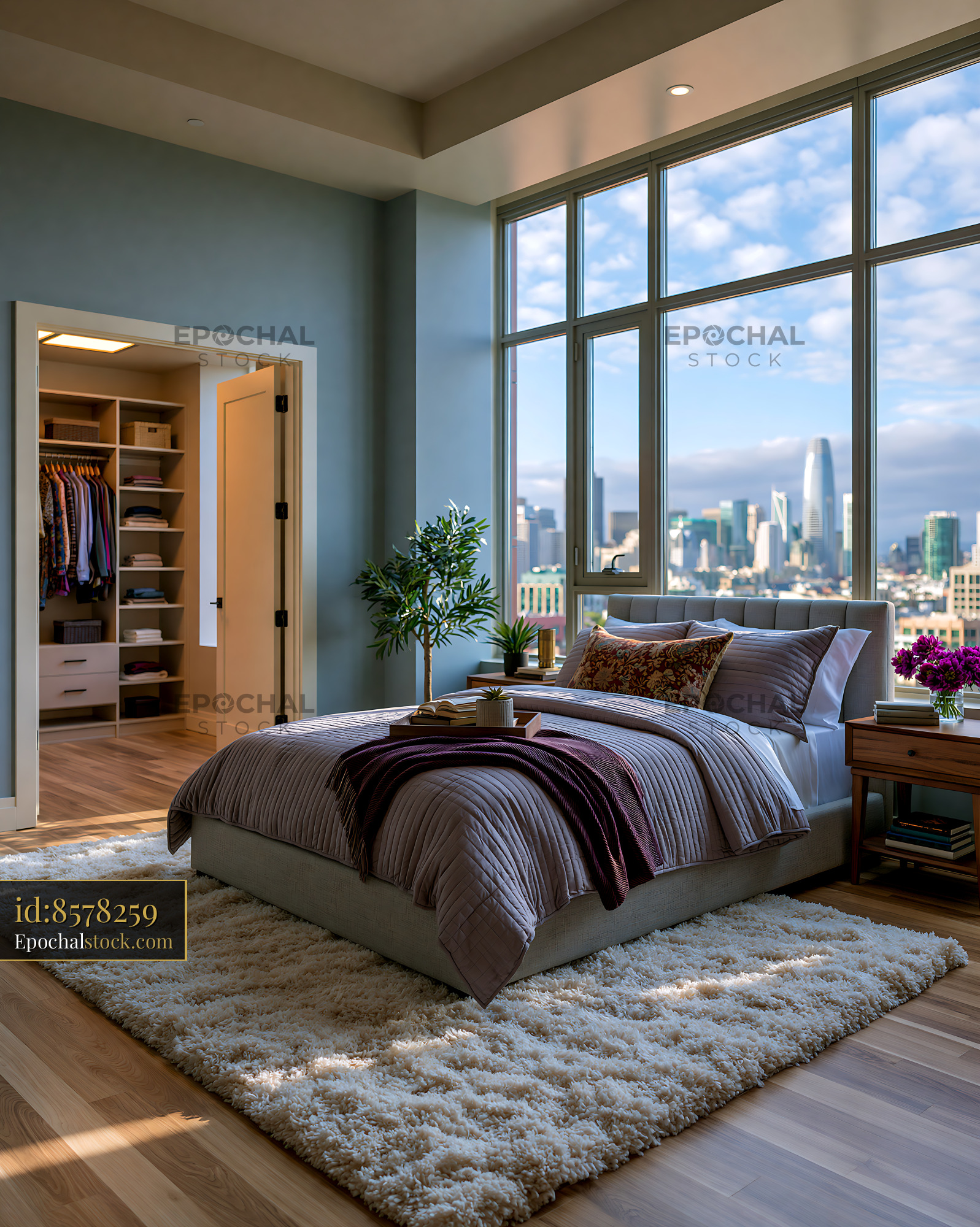 Watermarked full-resolution preview of Modern bedroom with city view and large windows