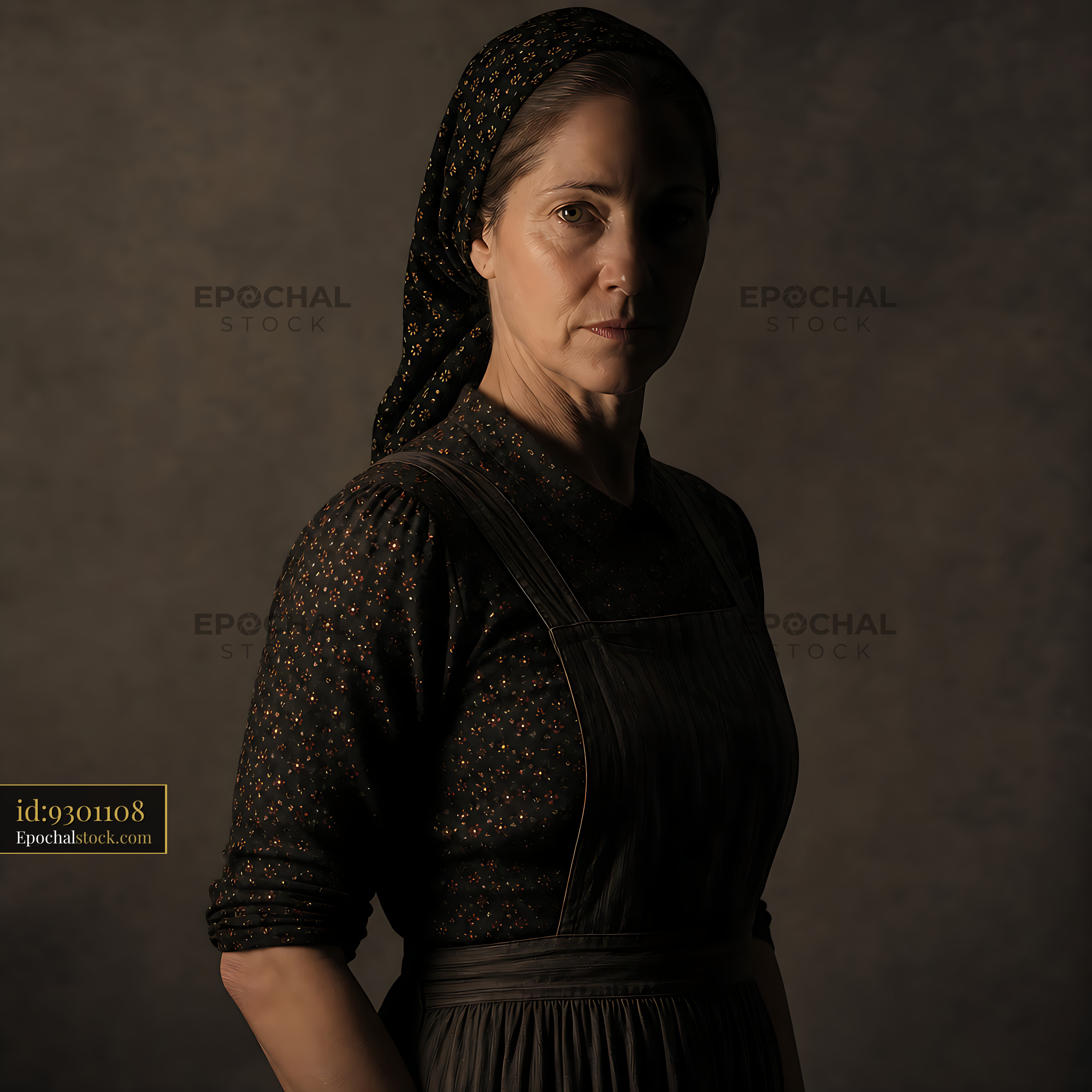 Watermarked full-resolution preview of Portrait of a woman in a dark setting with a headscarf